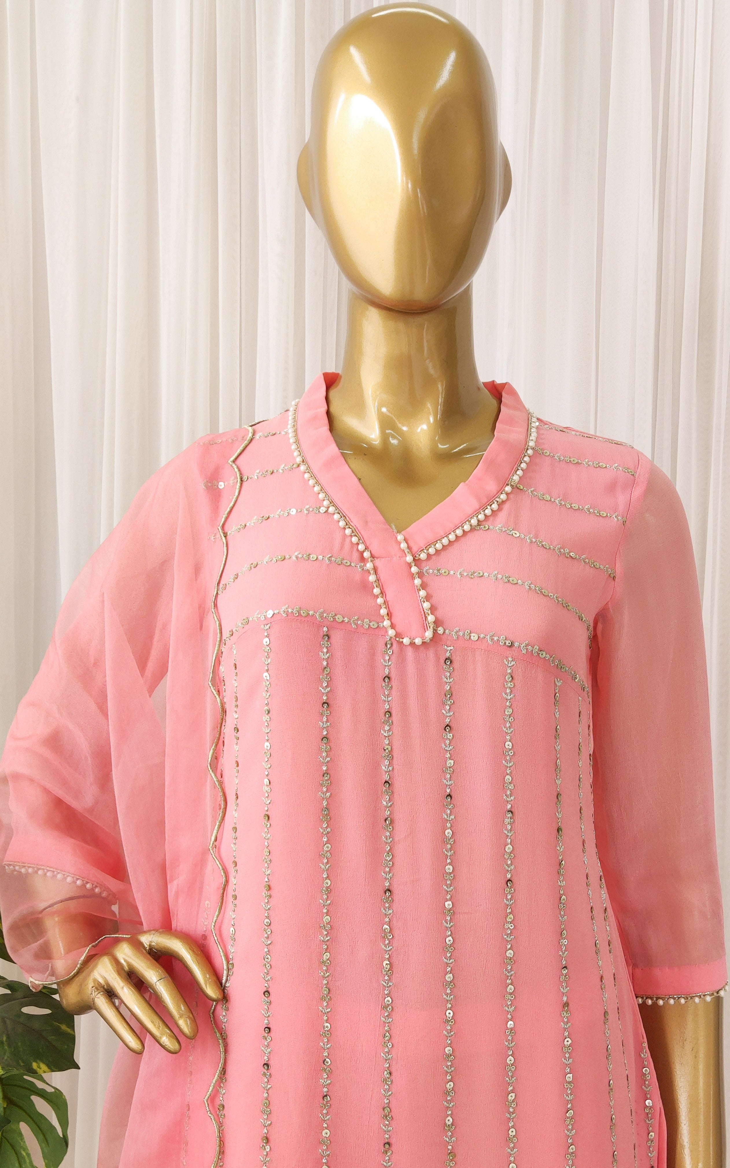 Peach Sequinswork Kurta Set With Cutwork Organza Dupatta