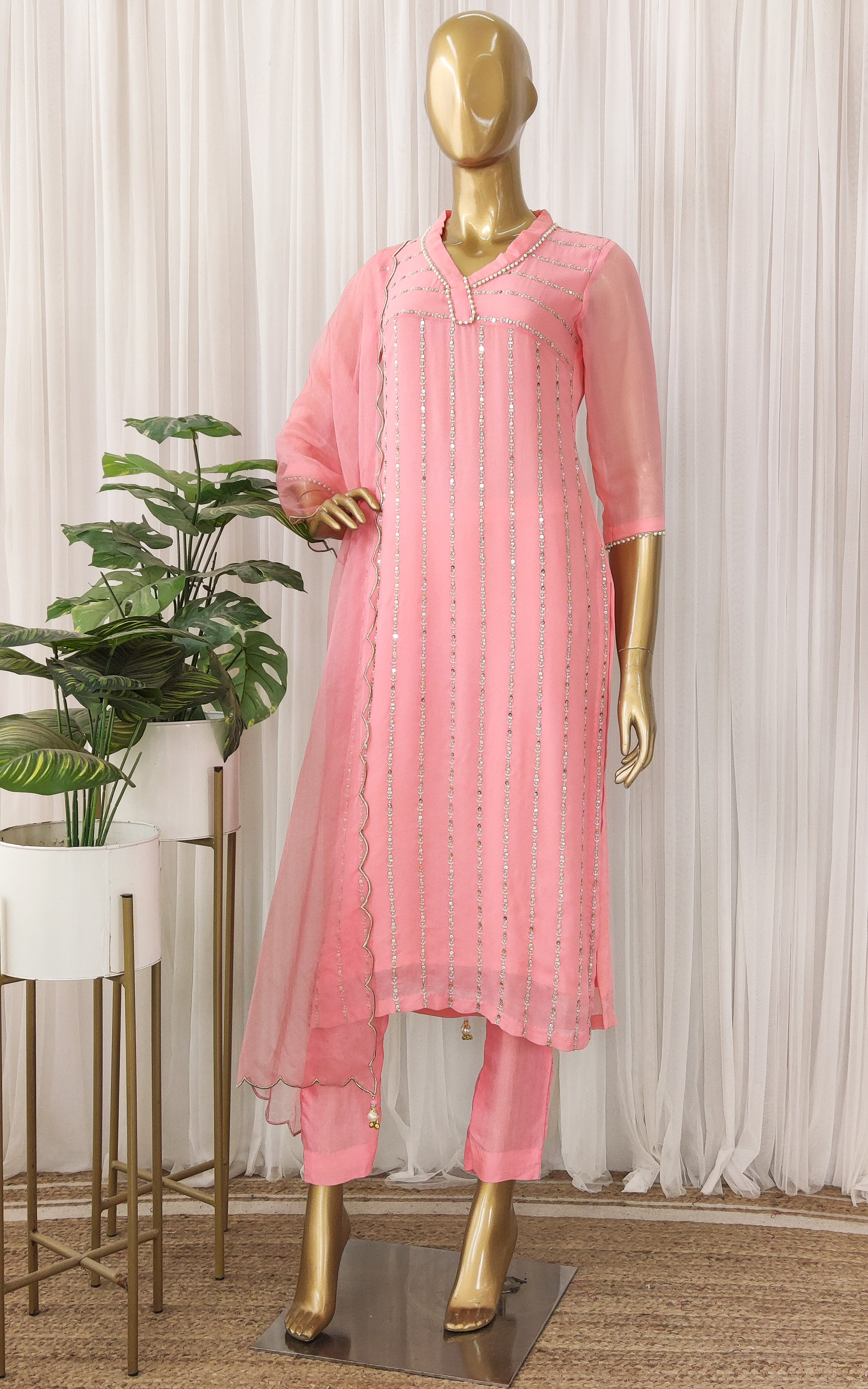 Peach Sequinswork Kurta Set With Cutwork Organza Dupatta