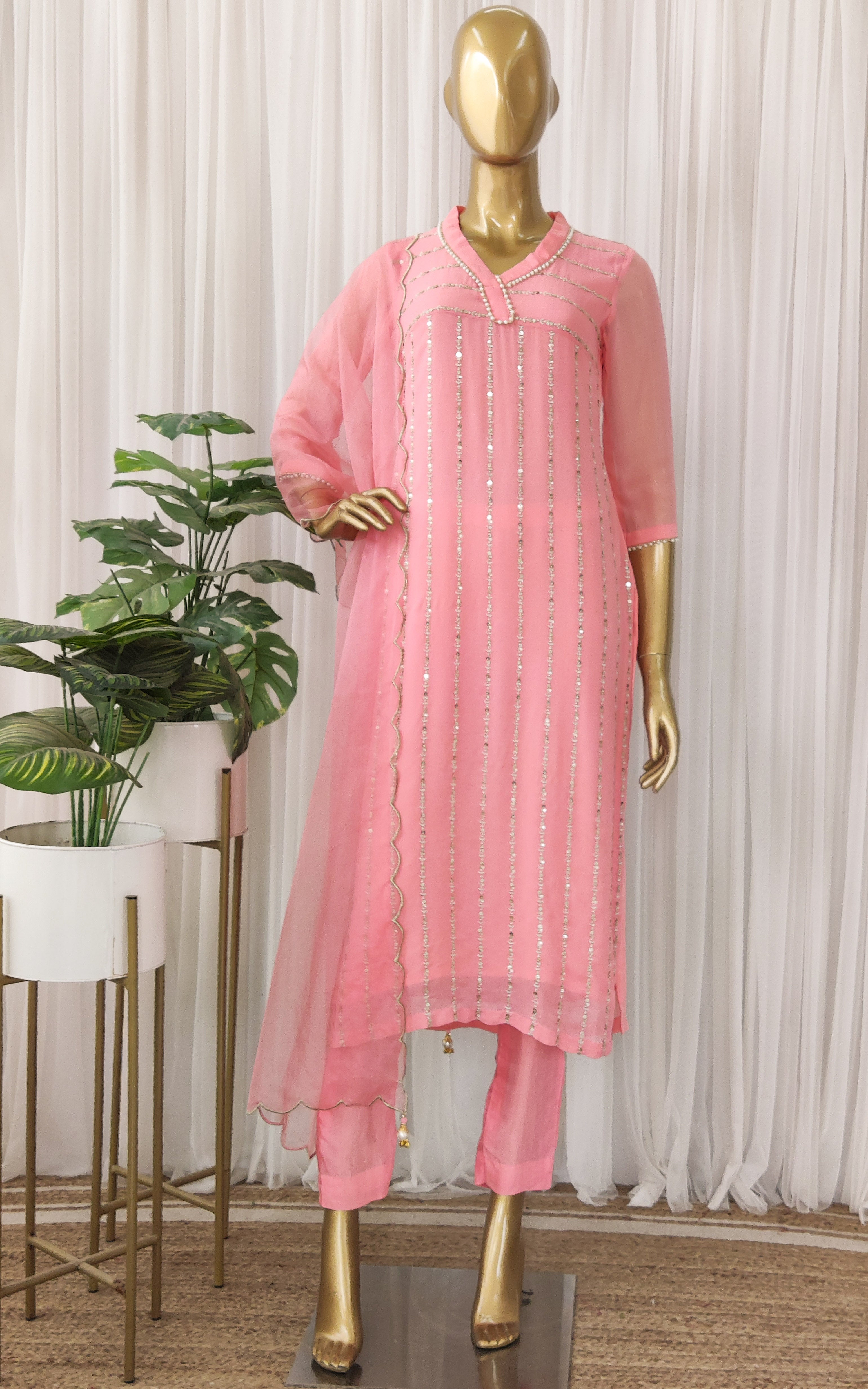Peach Sequinswork Kurta Set With Cutwork Organza Dupatta