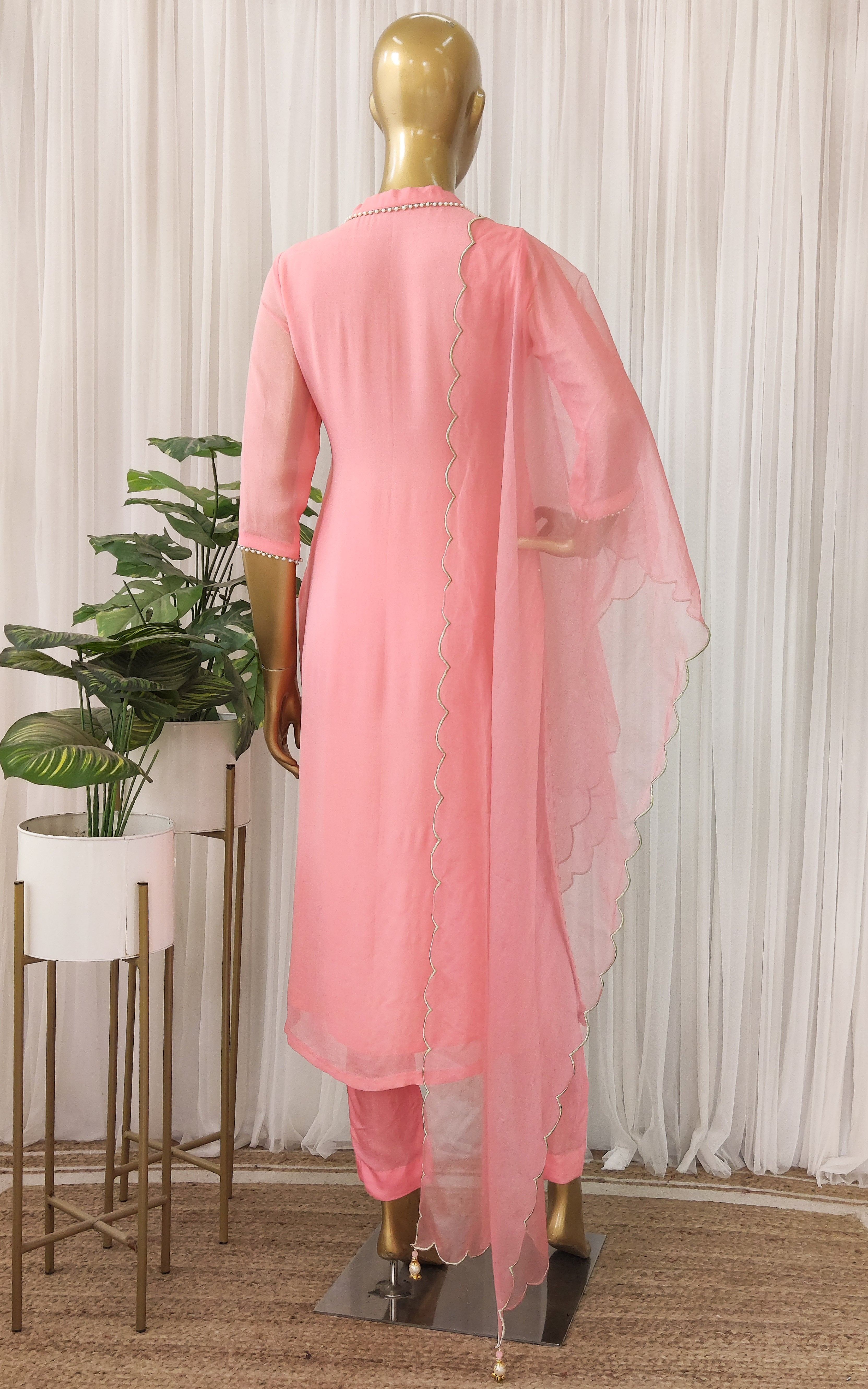 Peach Sequinswork Kurta Set With Cutwork Organza Dupatta