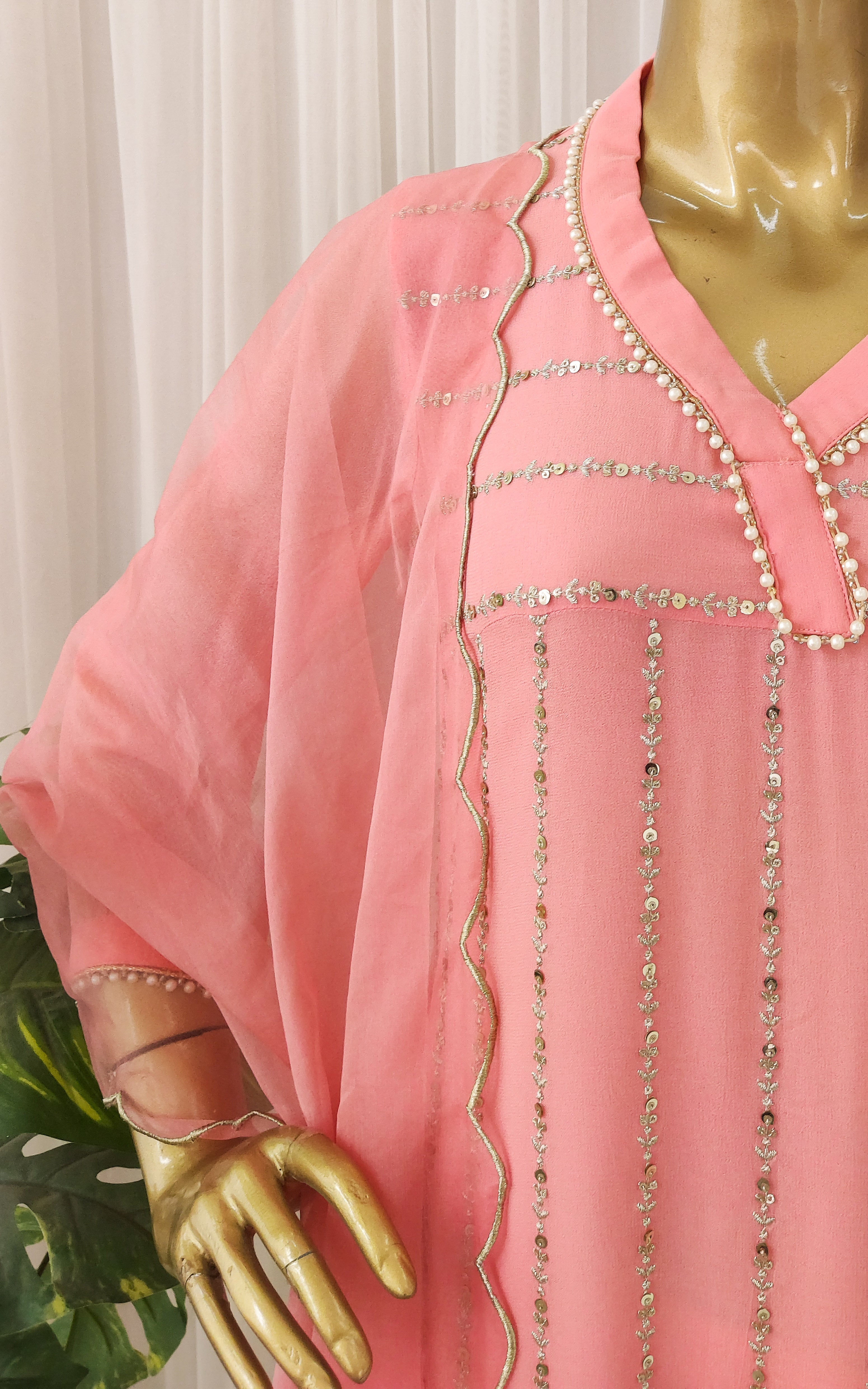 Peach Sequinswork Kurta Set With Cutwork Organza Dupatta