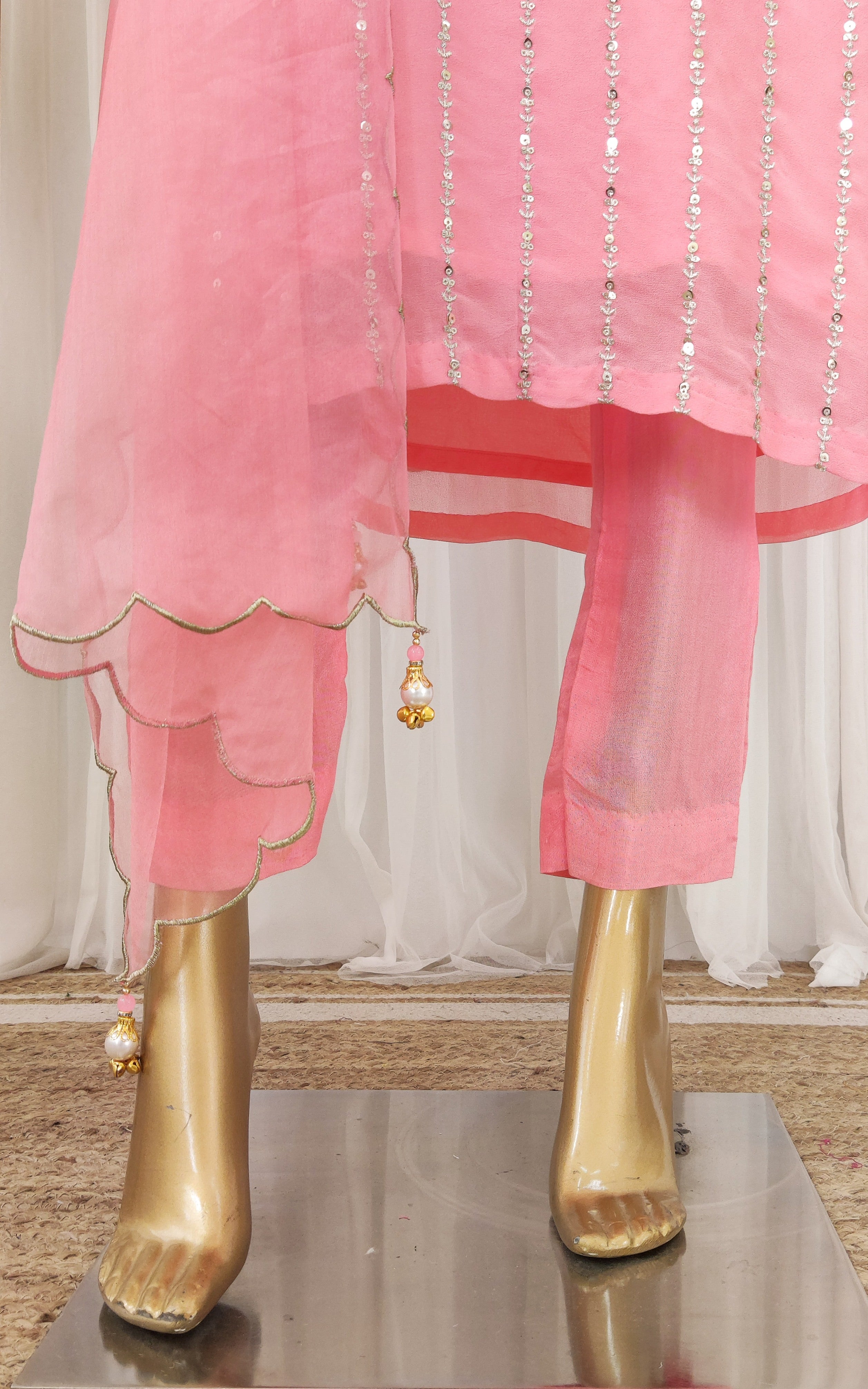 Peach Sequinswork Kurta Set With Cutwork Organza Dupatta