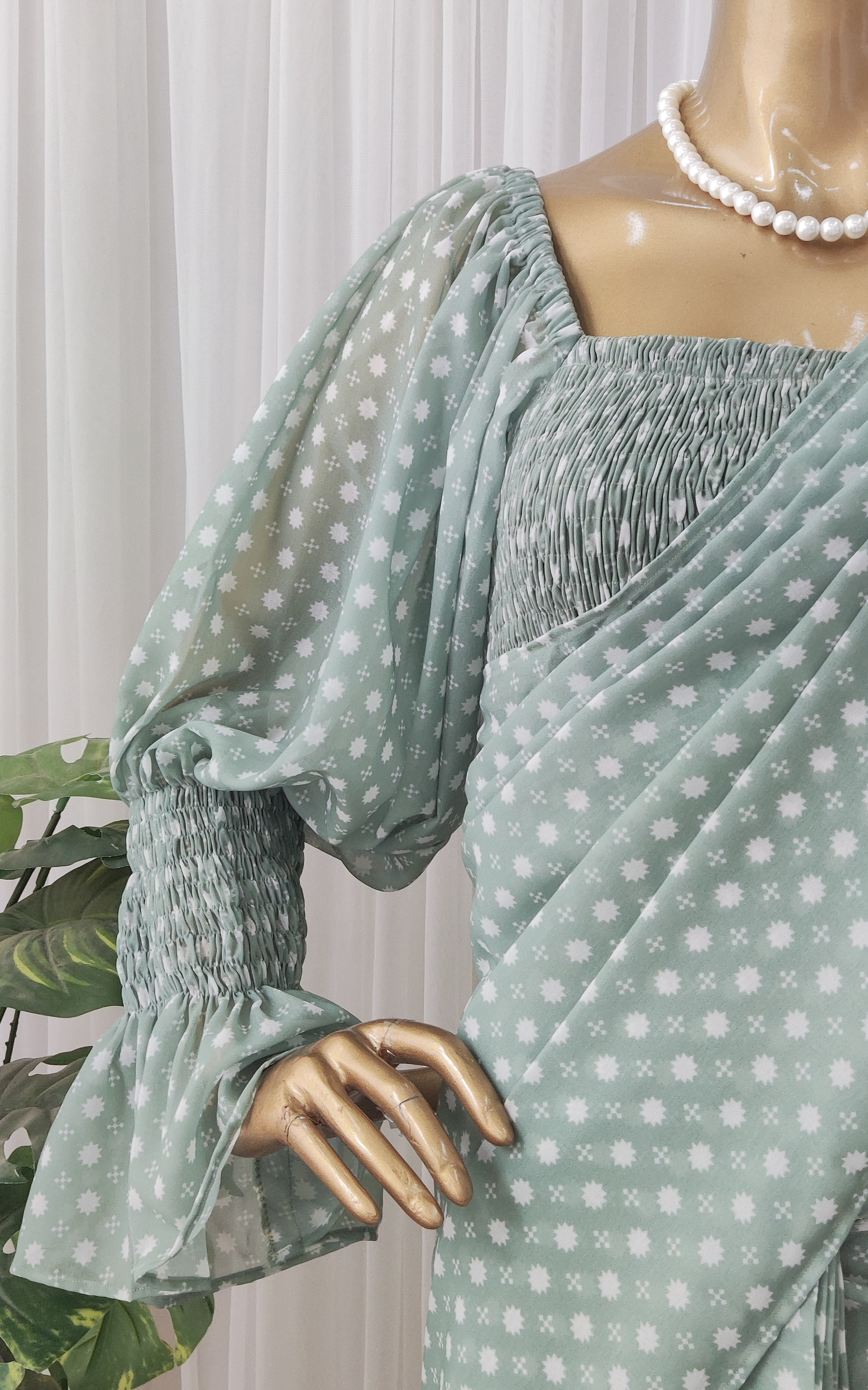 Sage Green Pre-Stitched Saree With Smocked Crop-Top