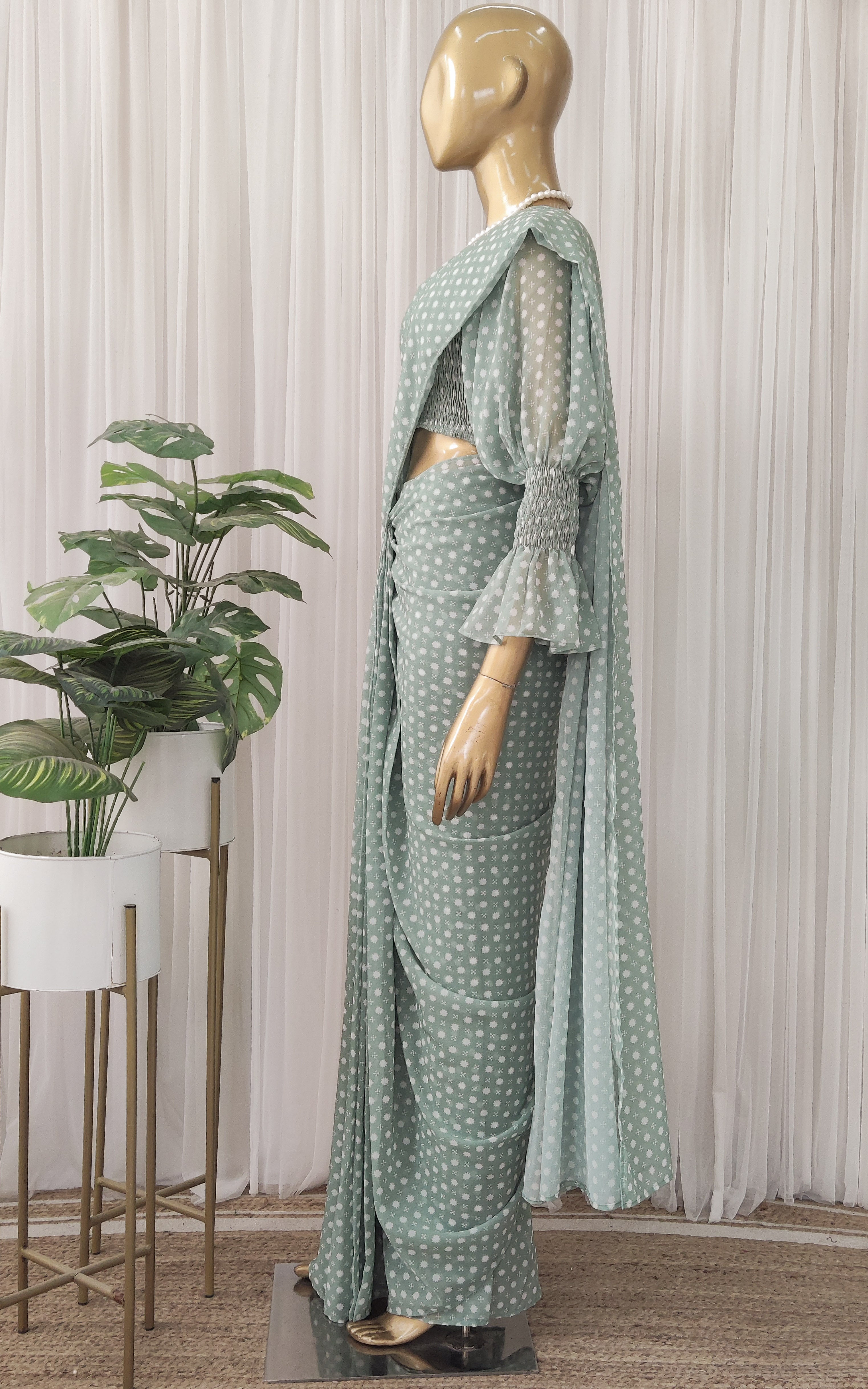 Sage Green Pre-Stitched Saree With Smocked Crop-Top