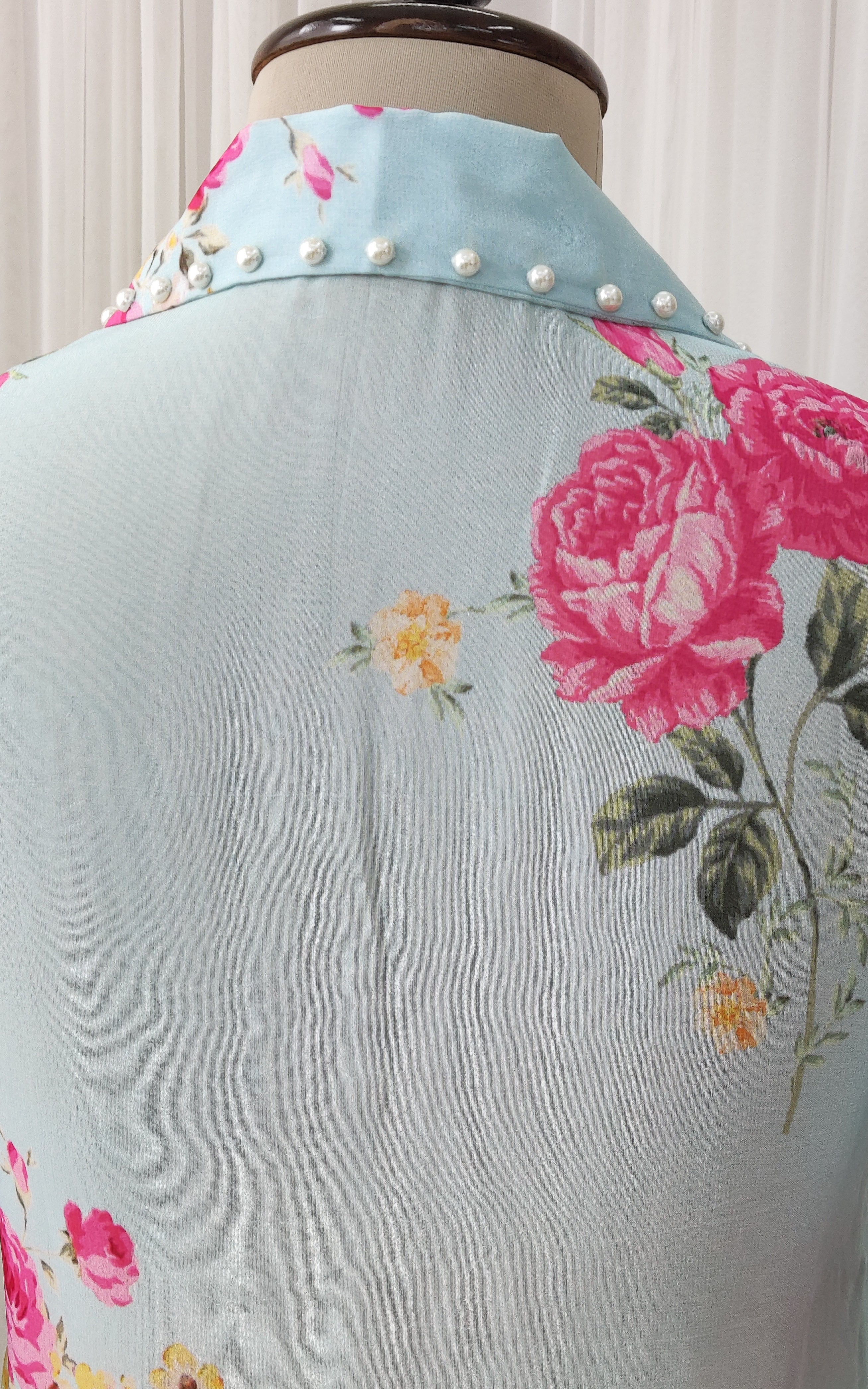 Sky Blue Pink Floral Georgette Shirt