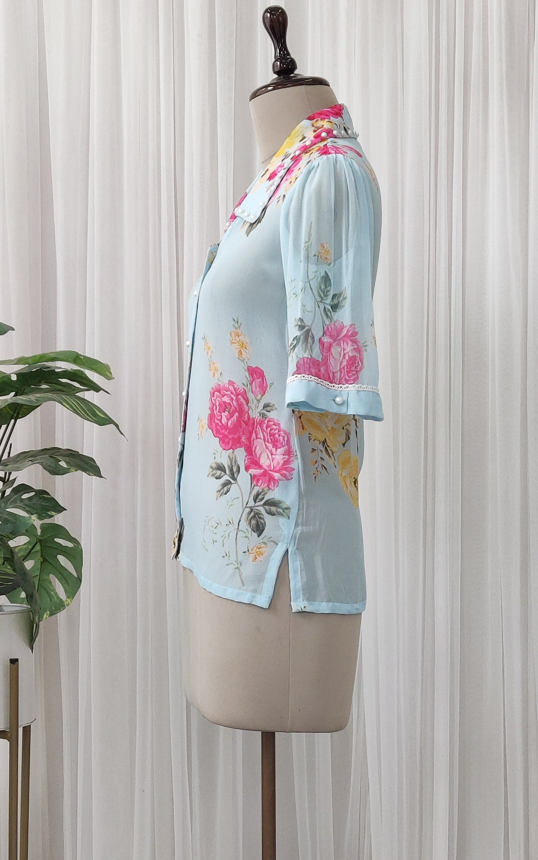 Sky Blue Pink Floral Georgette Shirt