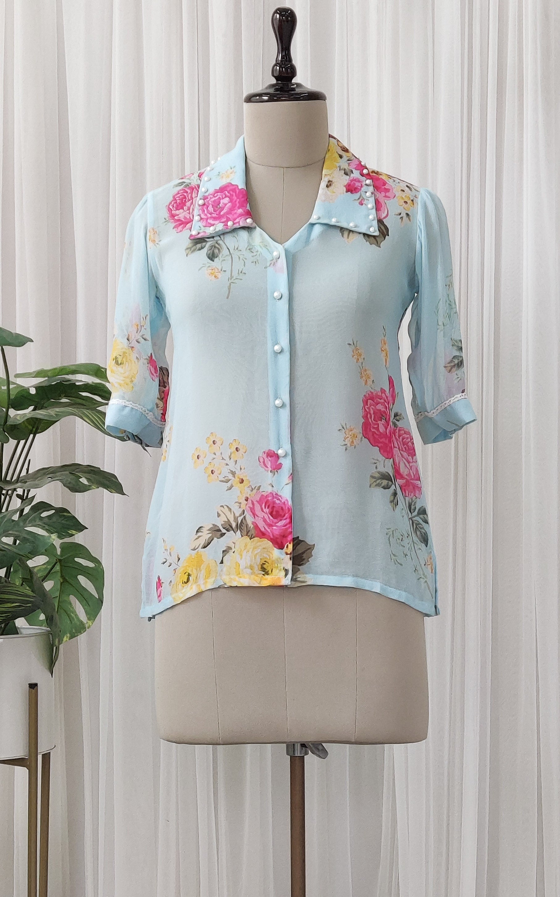 Sky Blue Pink Floral Georgette Shirt