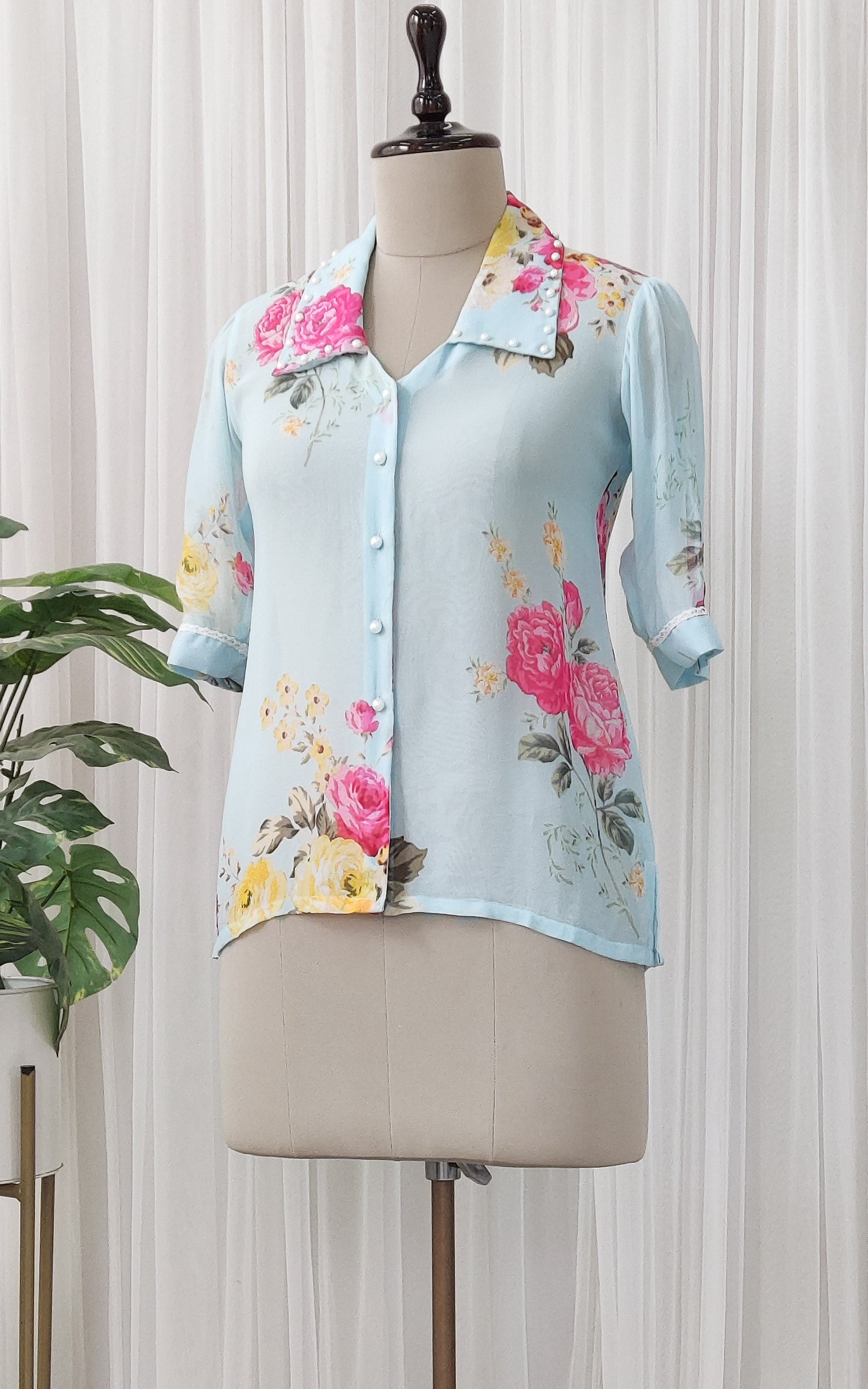 Sky Blue Pink Floral Georgette Shirt