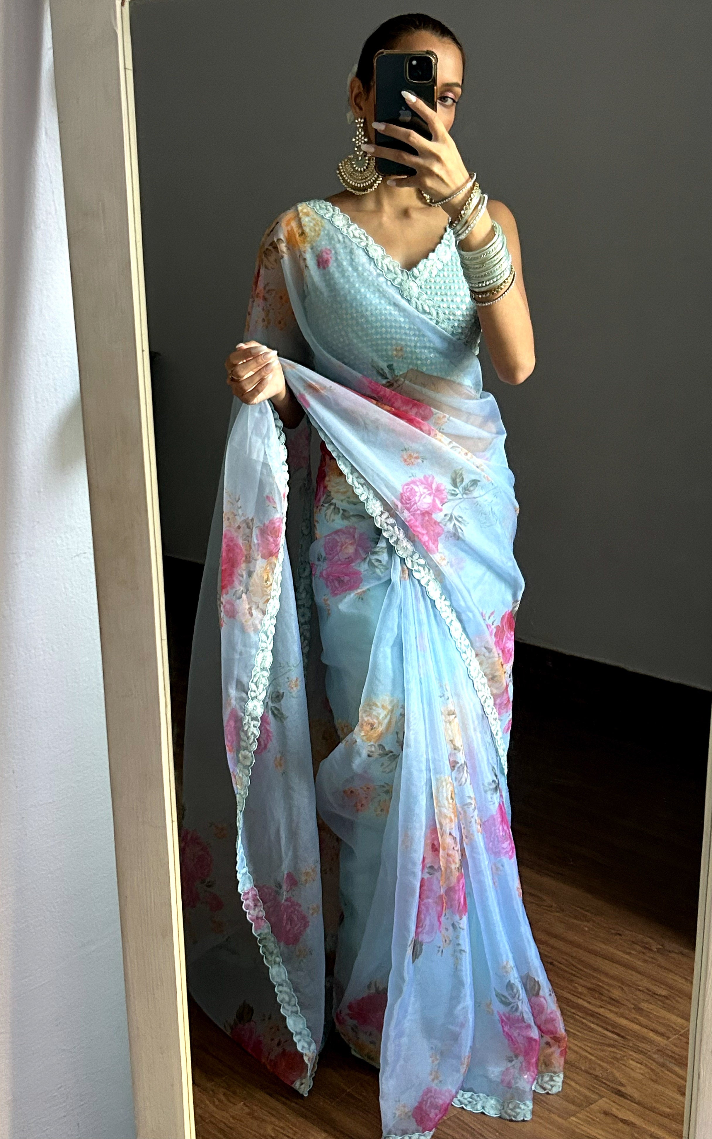 Monalisha Sky Blue Floral Sequinwork Organza Saree