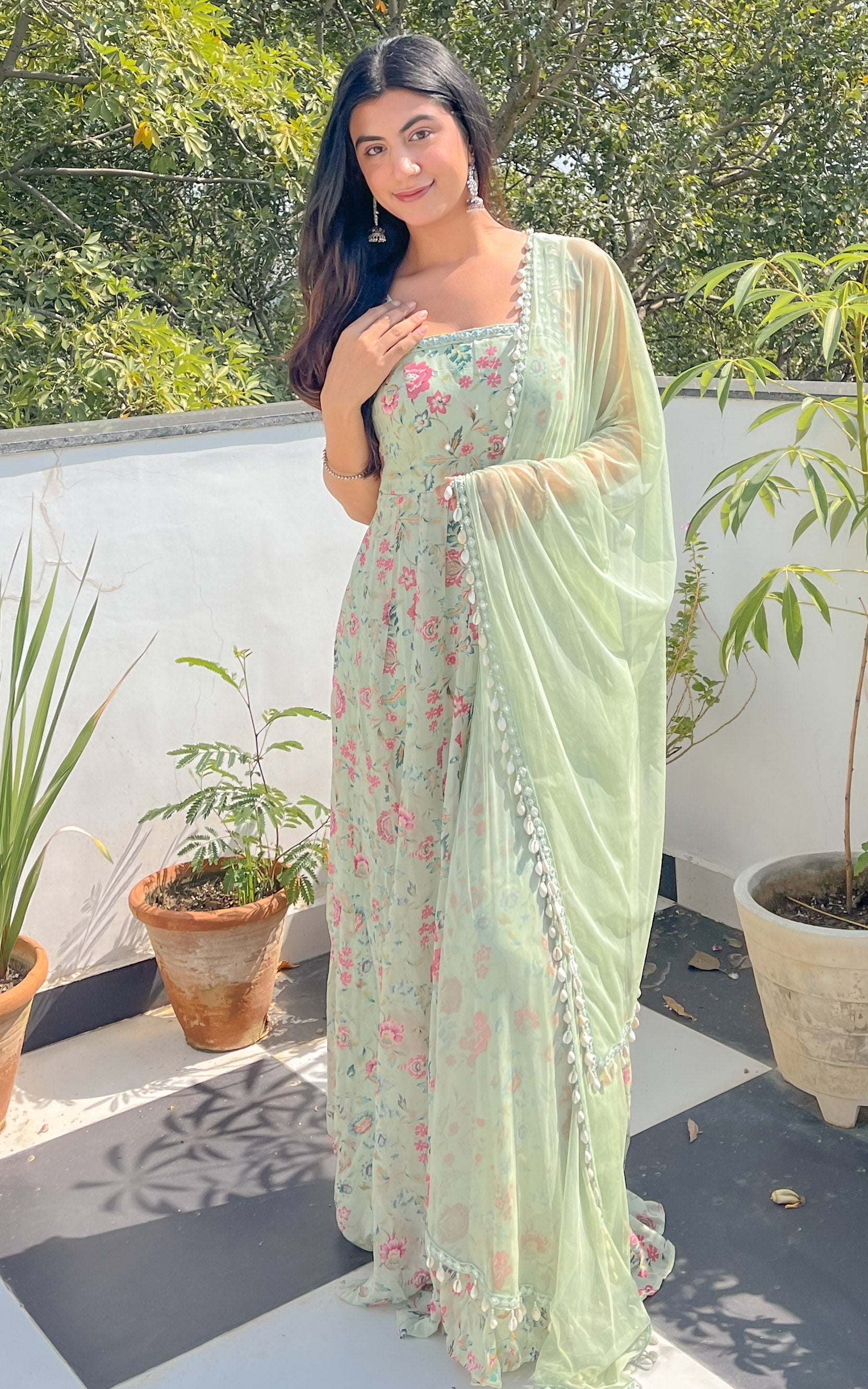 Riya Laurel Green Floral Printed Georgette Mirrorwork Anarkali