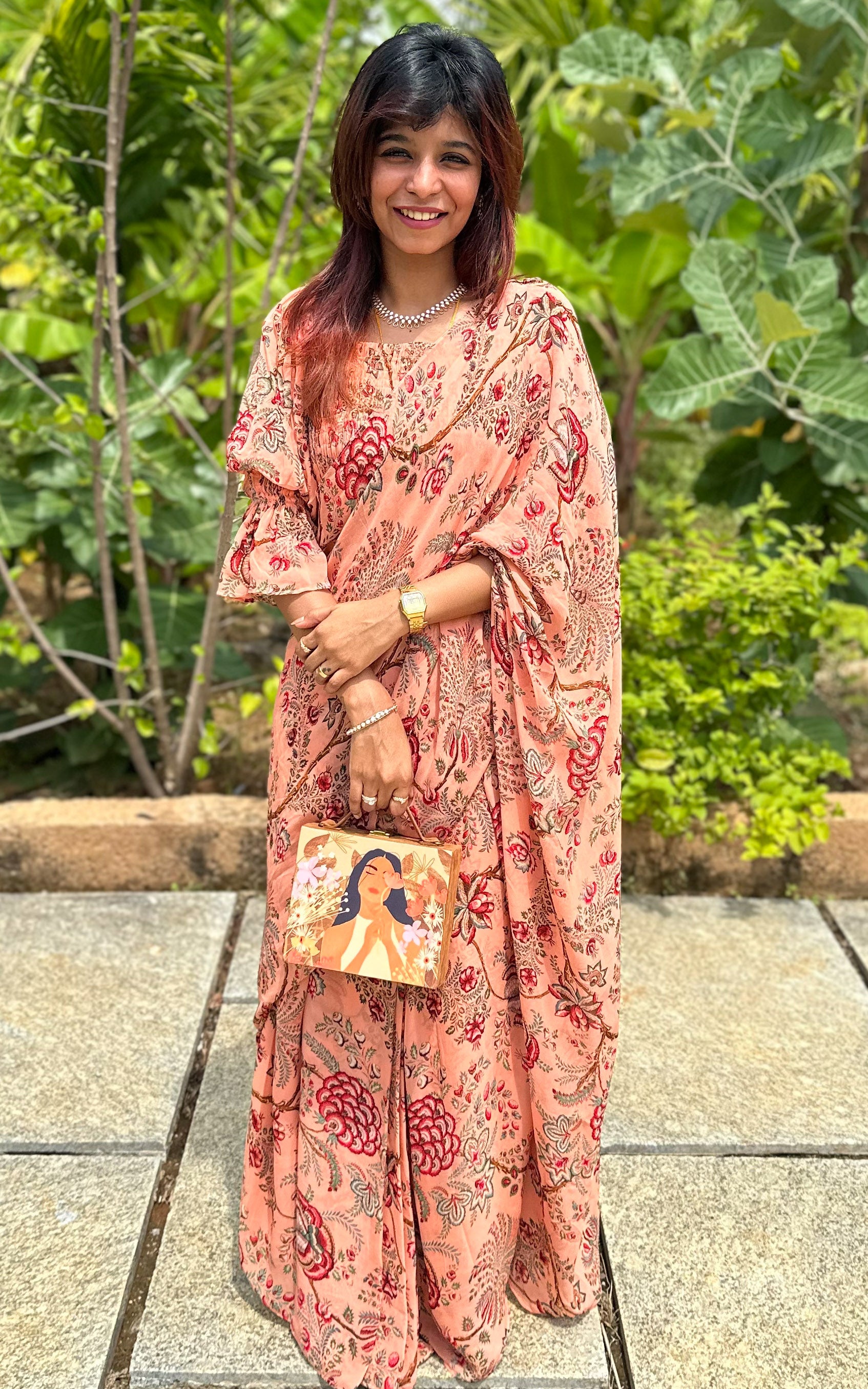 Peach Floral Pre-Stitched Saree with Smocked Crop Top