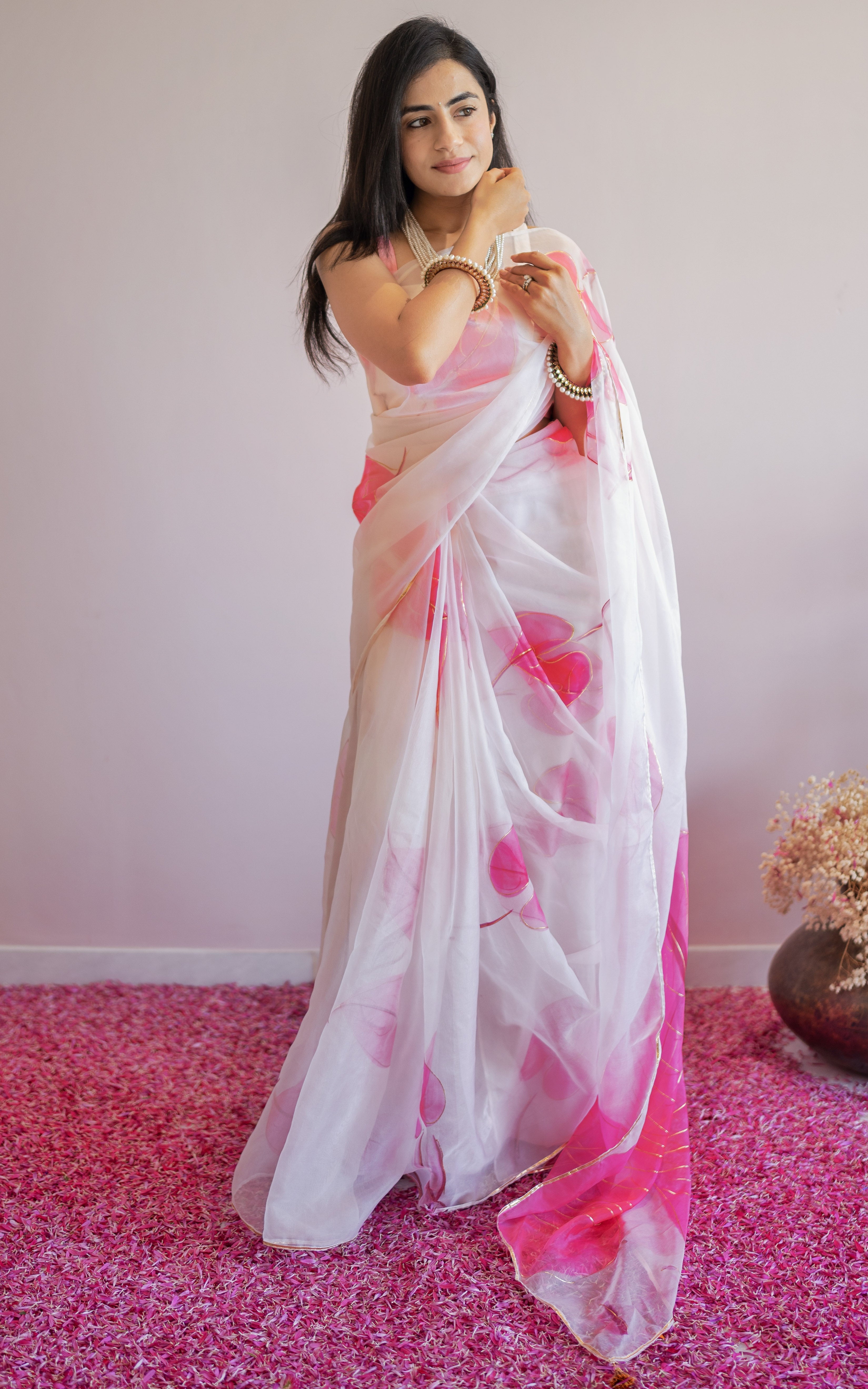 Kautuka Pink Anthurium Handpainted Organza Saree