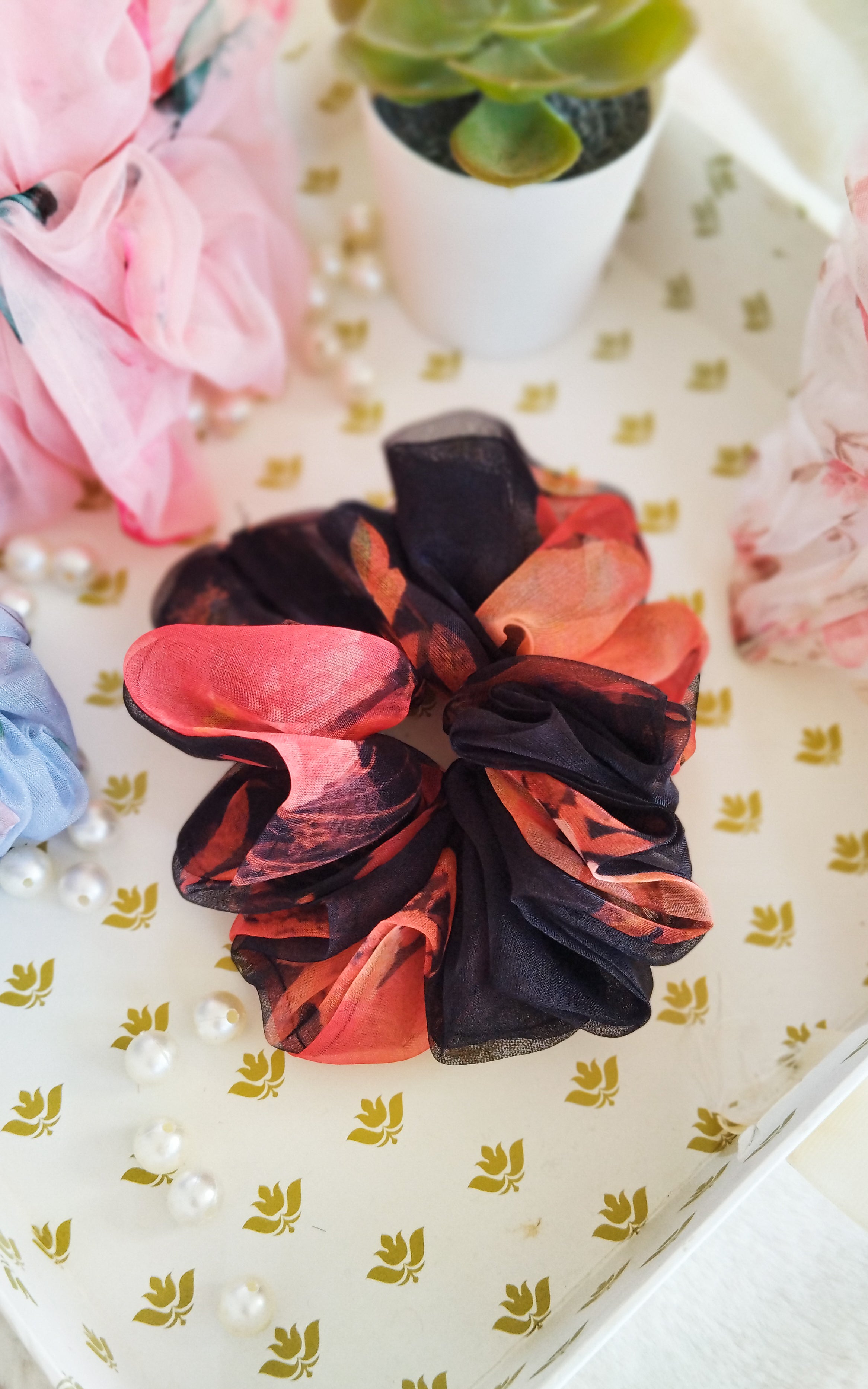 Giant Organza Scrunchies Combo (White, Sky-Blue, Pastel Pink, Black)