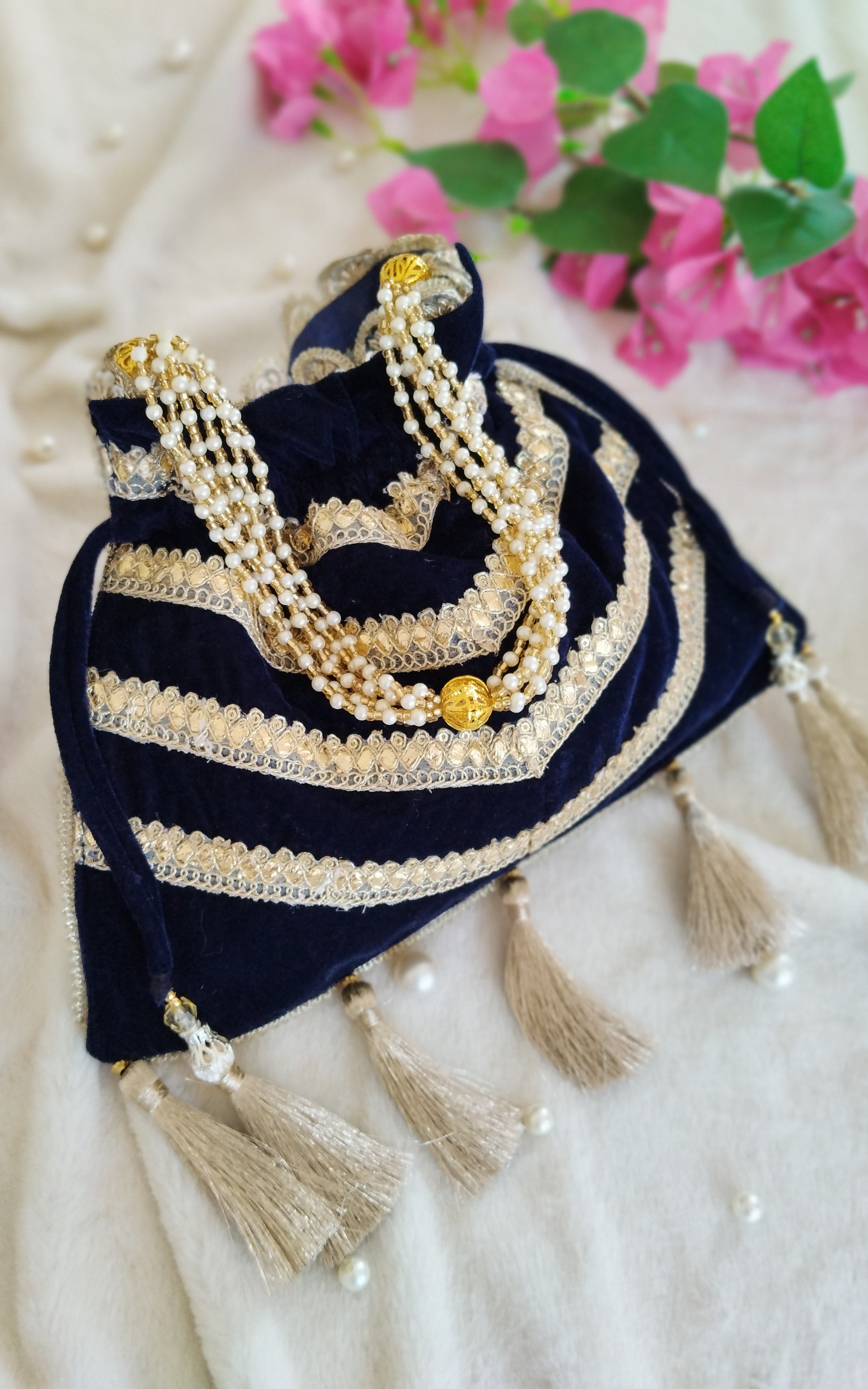 Navy Blue Velvet Potli Bag