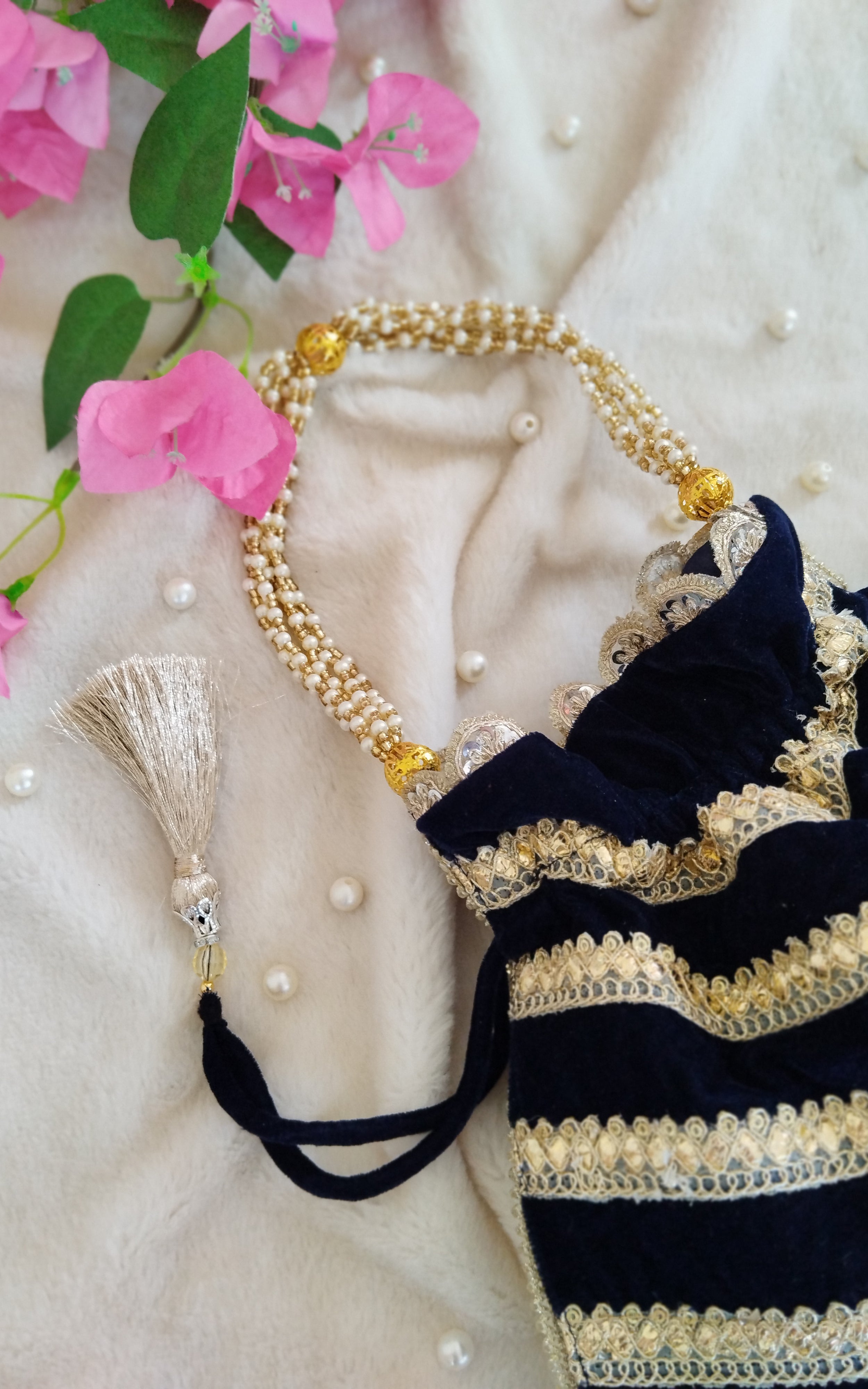 Navy Blue Velvet Potli Bag