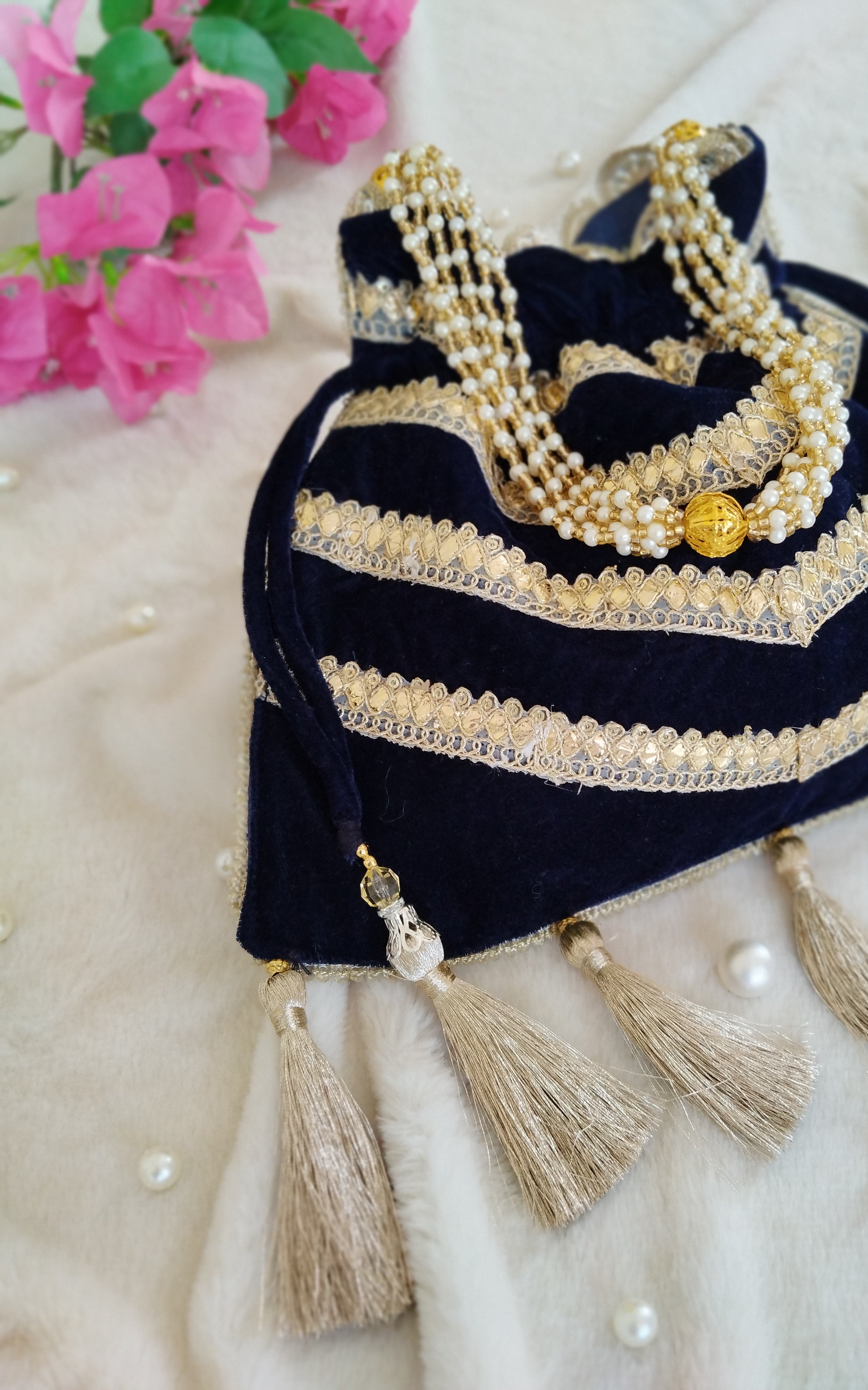 Navy Blue Velvet Potli Bag