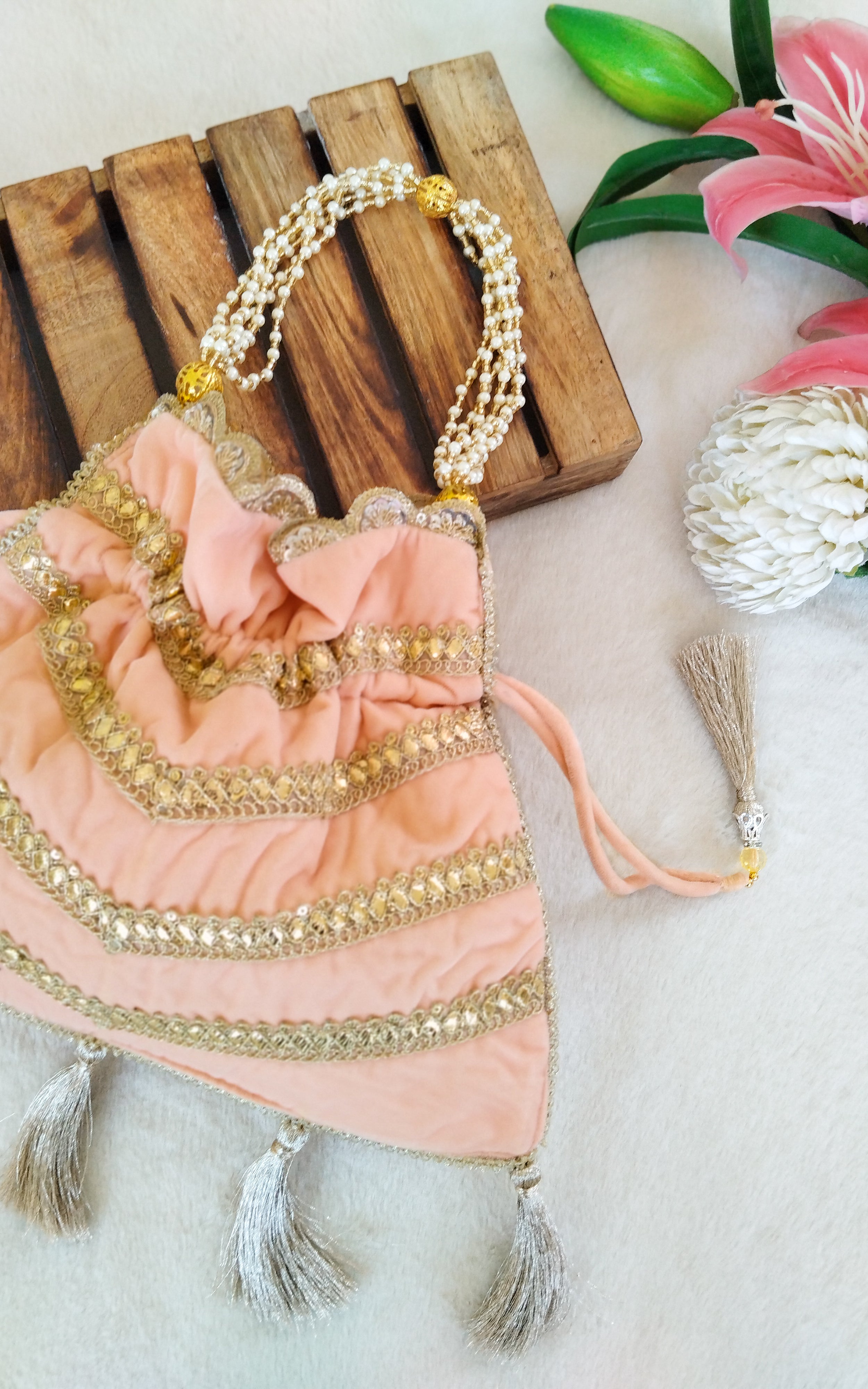 Peach Velvet Potli Bag