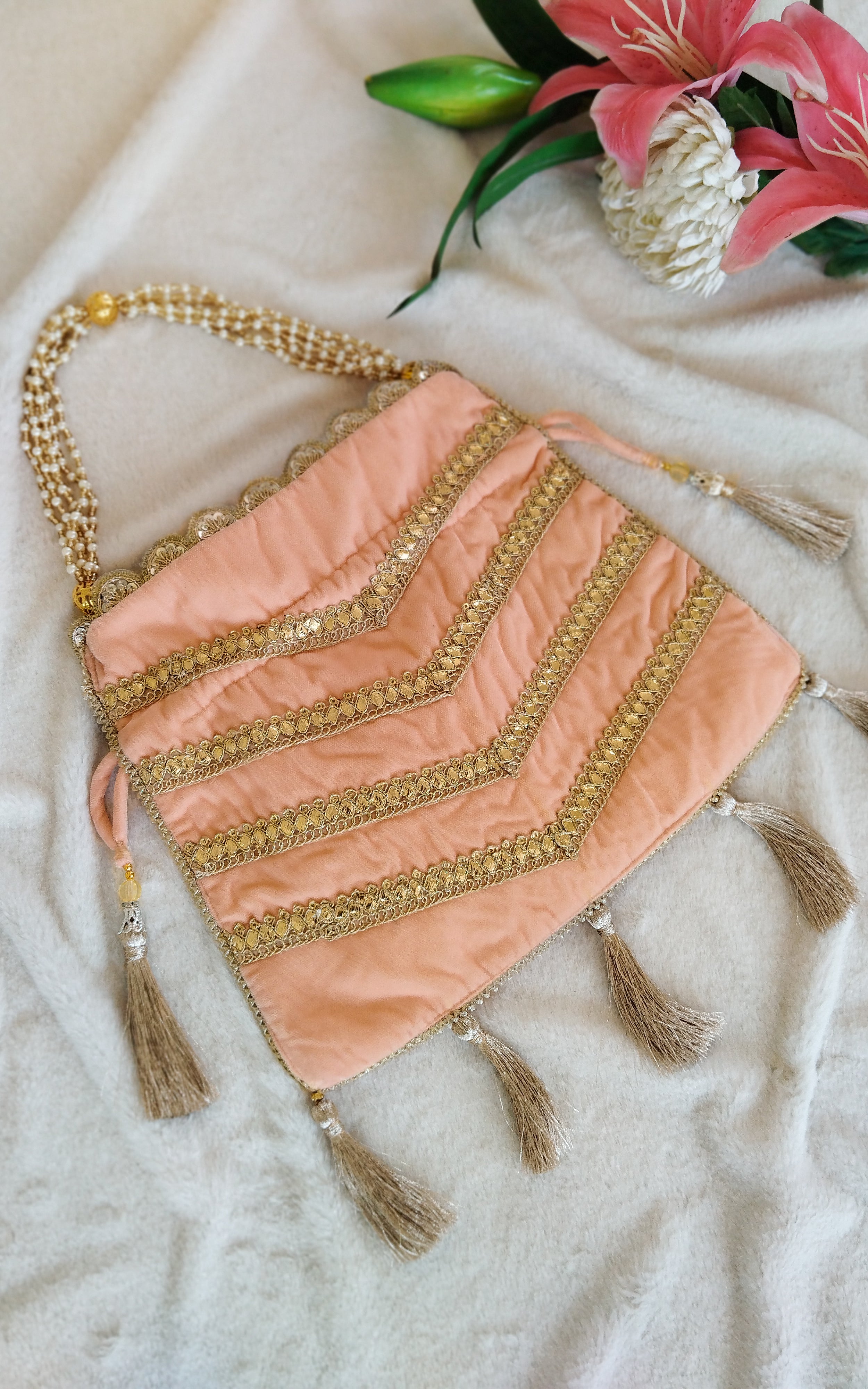 Peach Velvet Potli Bag
