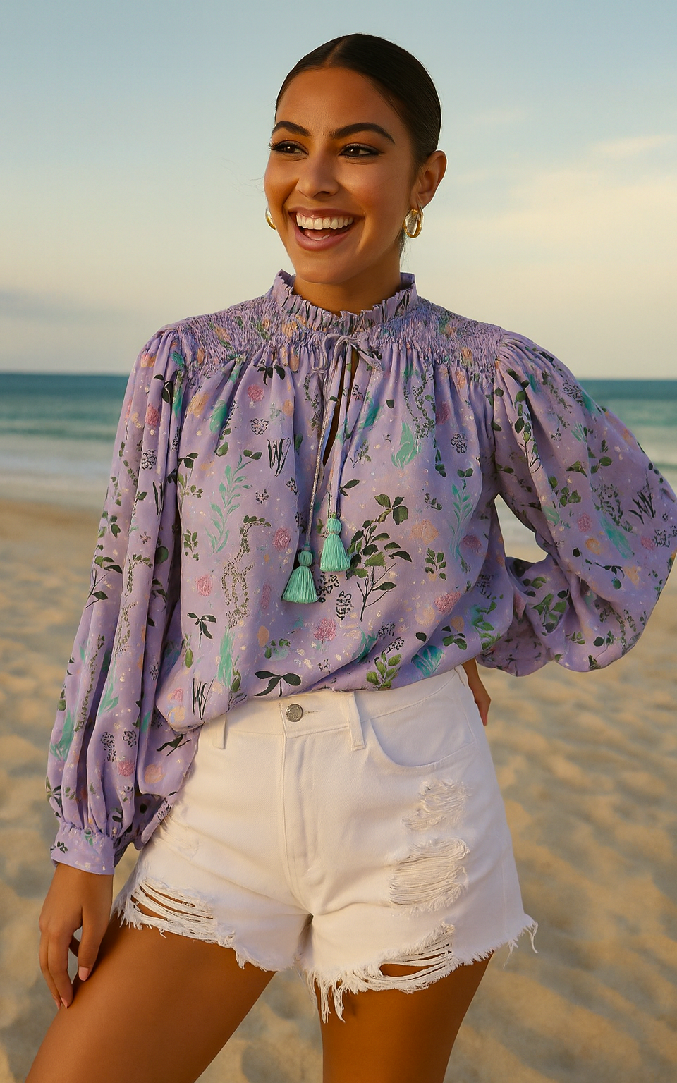 Purple Aquatic Print Satin Top