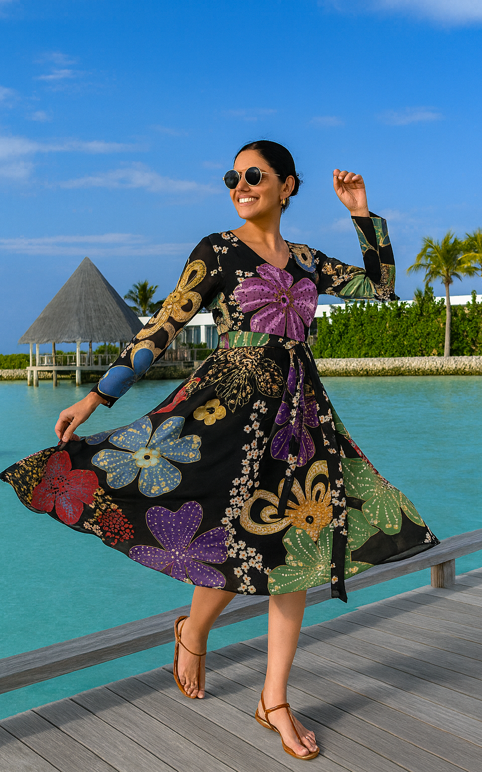 Black Floral Printed Flared Georgette Dress