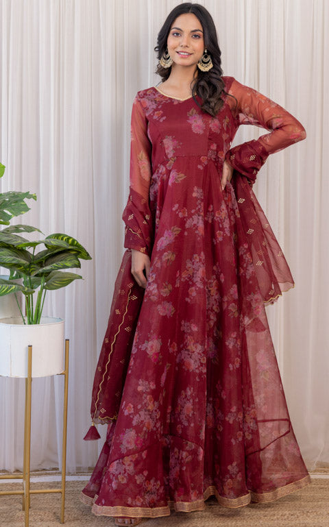 Wine Floral Organza Anarkali