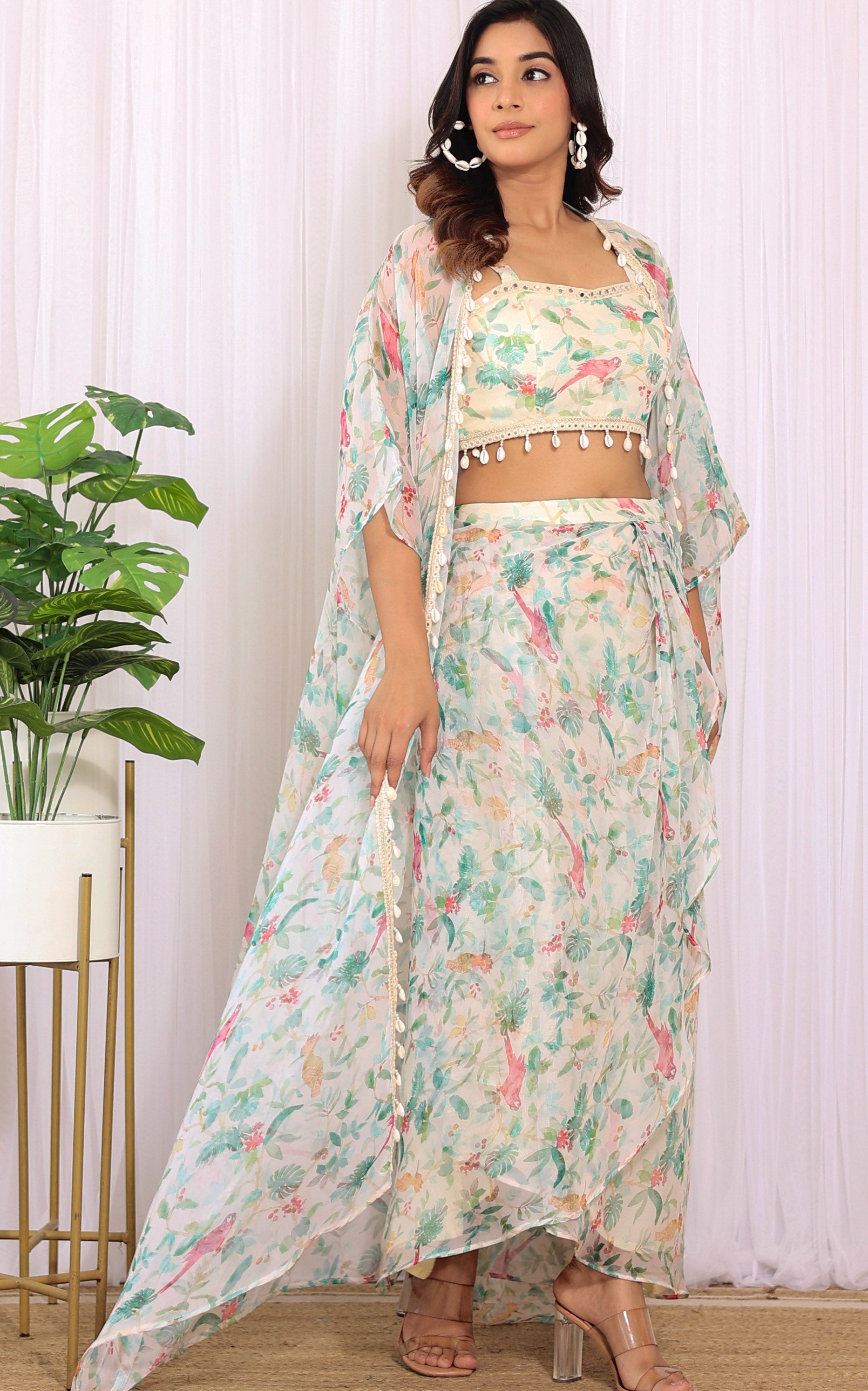 Off White Bird Georgette Crop Top & Draped Skirt Co-ord Set