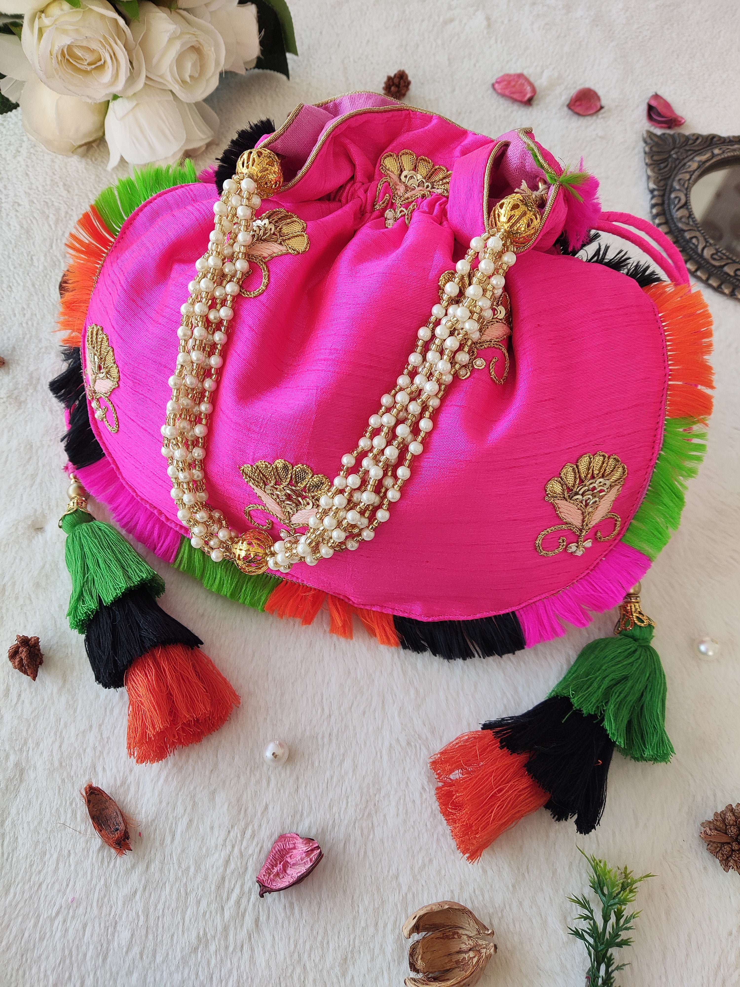 Hot Pink Gota Patti Round Potli Bag
