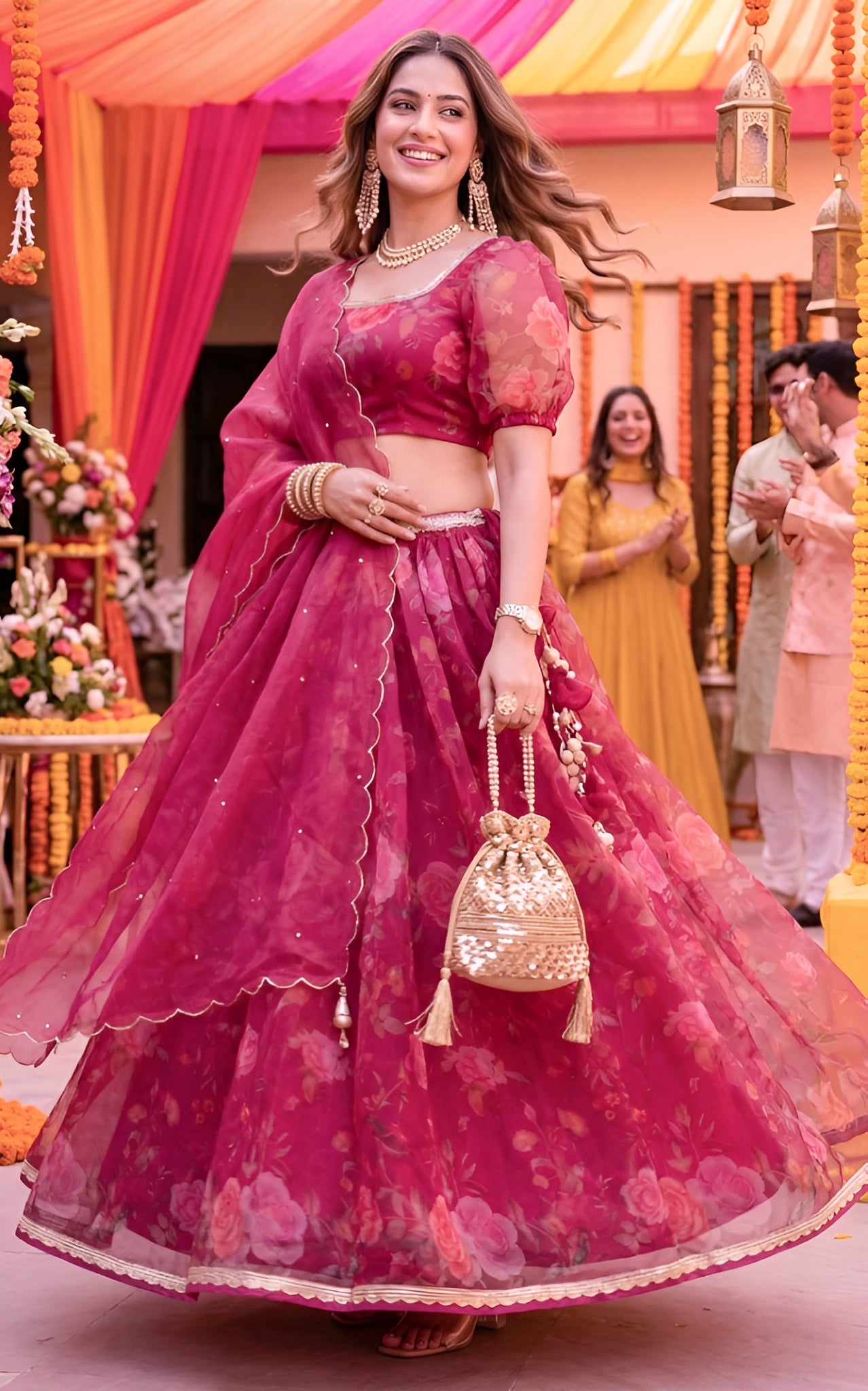 Wine Birdsong Organza Sequin-work Lehenga