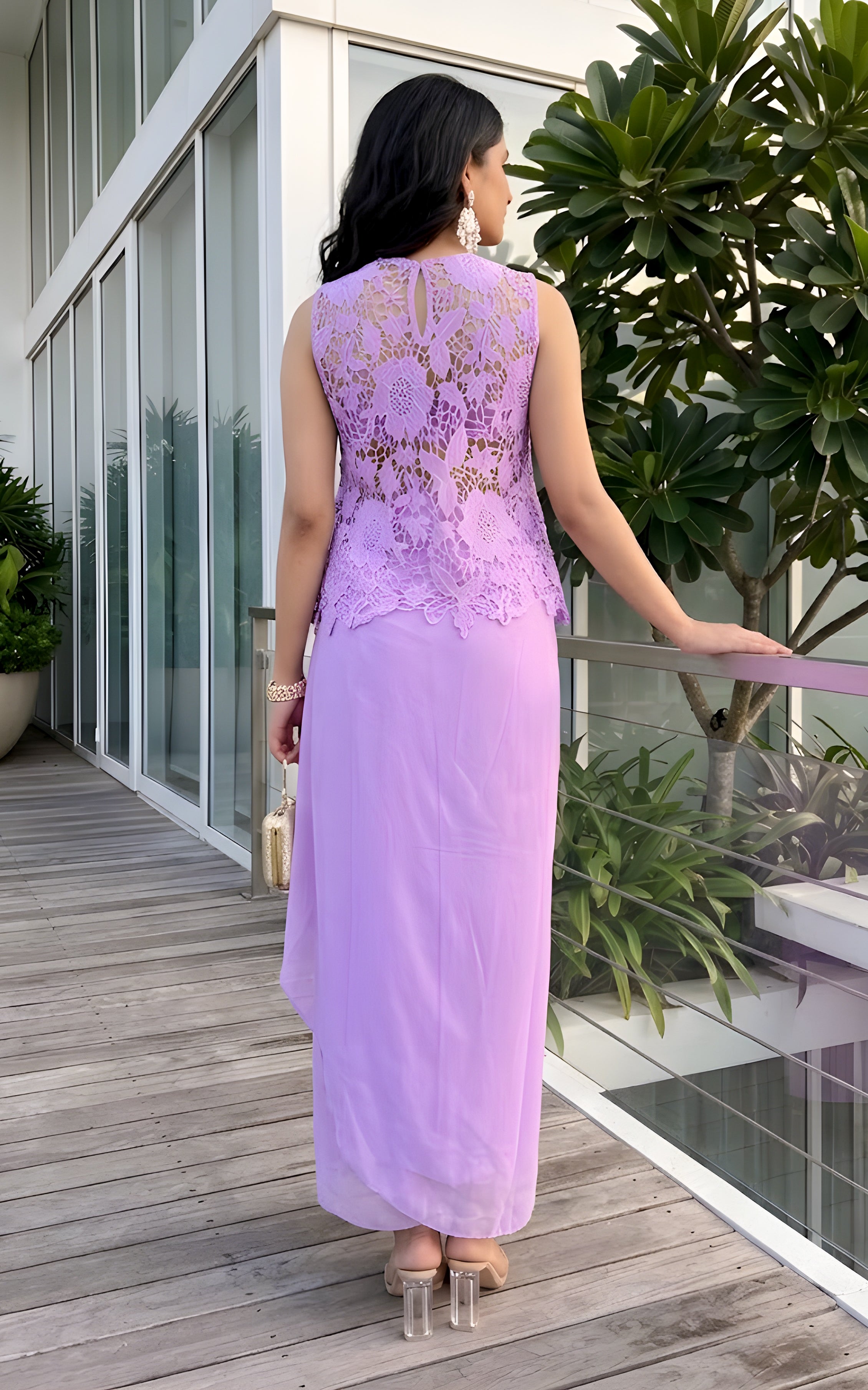 Lilac Cutwork Top & Draped Skirt Co-ord Set