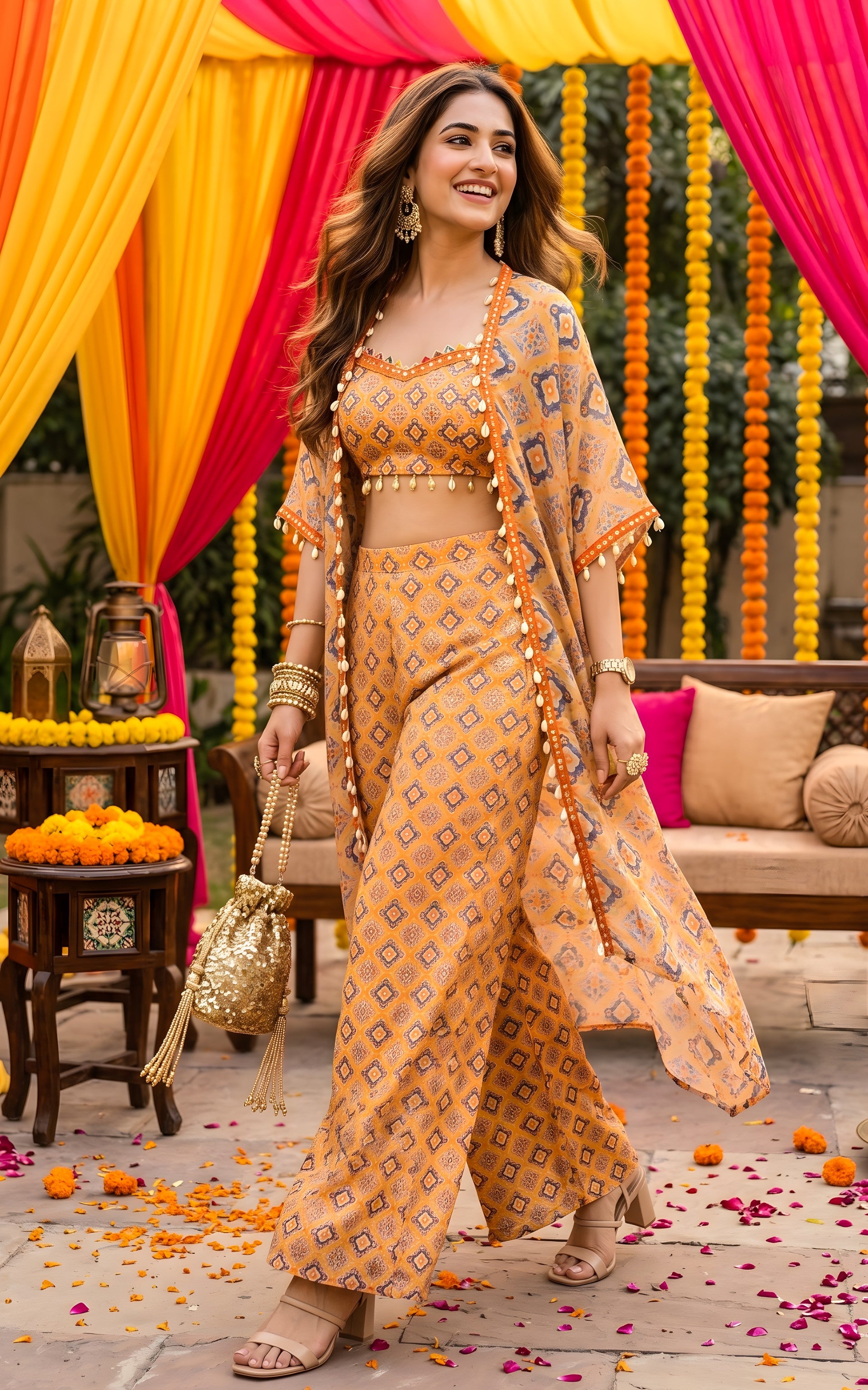 Mustard Geometric Crop Top Palazzo Co-ord Set