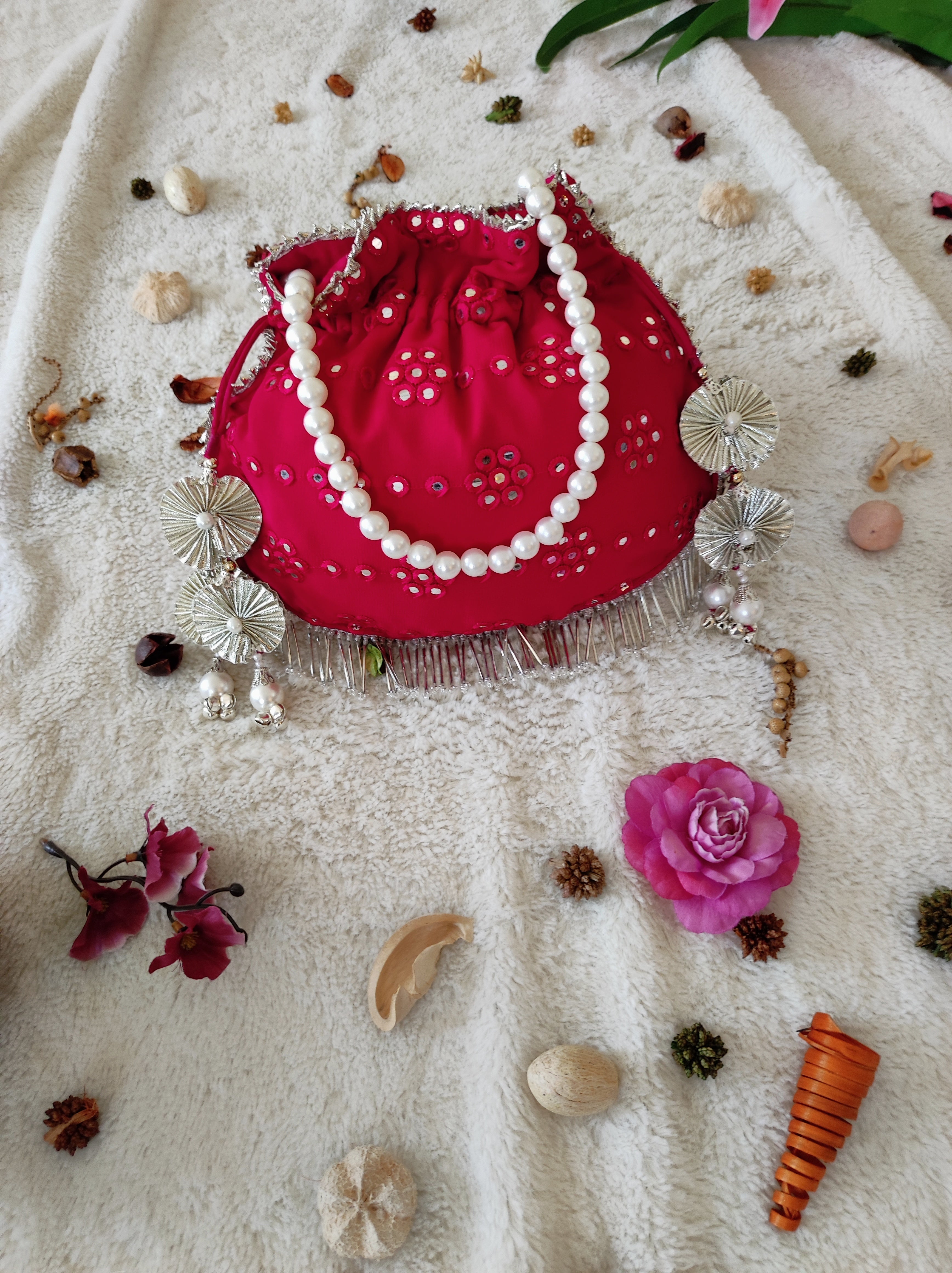 Pink Mirrorwork Potli Bag