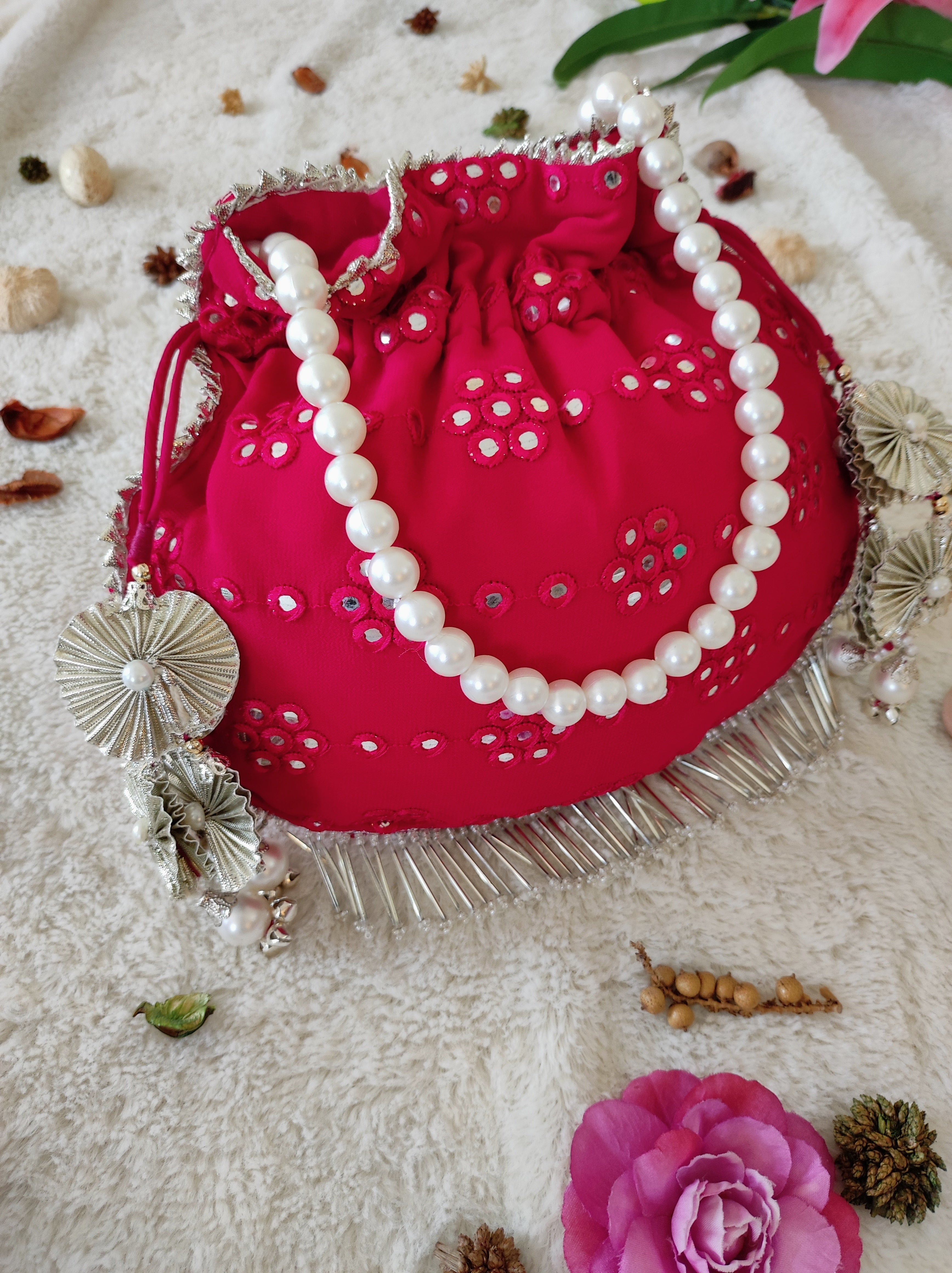 Pink Mirrorwork Potli Bag