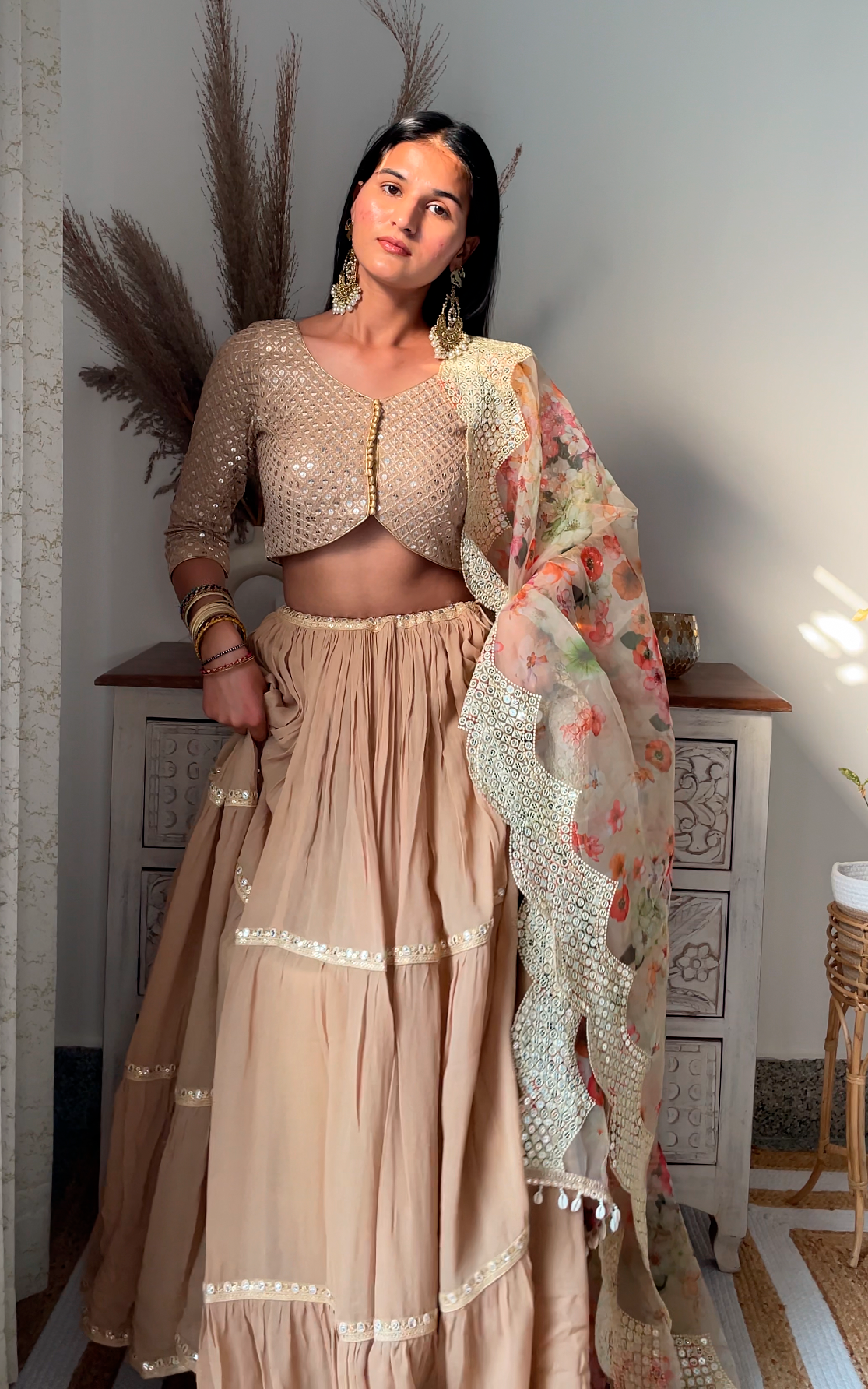 Swati Rathi Champagne Lehenga With Mirrorwork Organza Dupatta