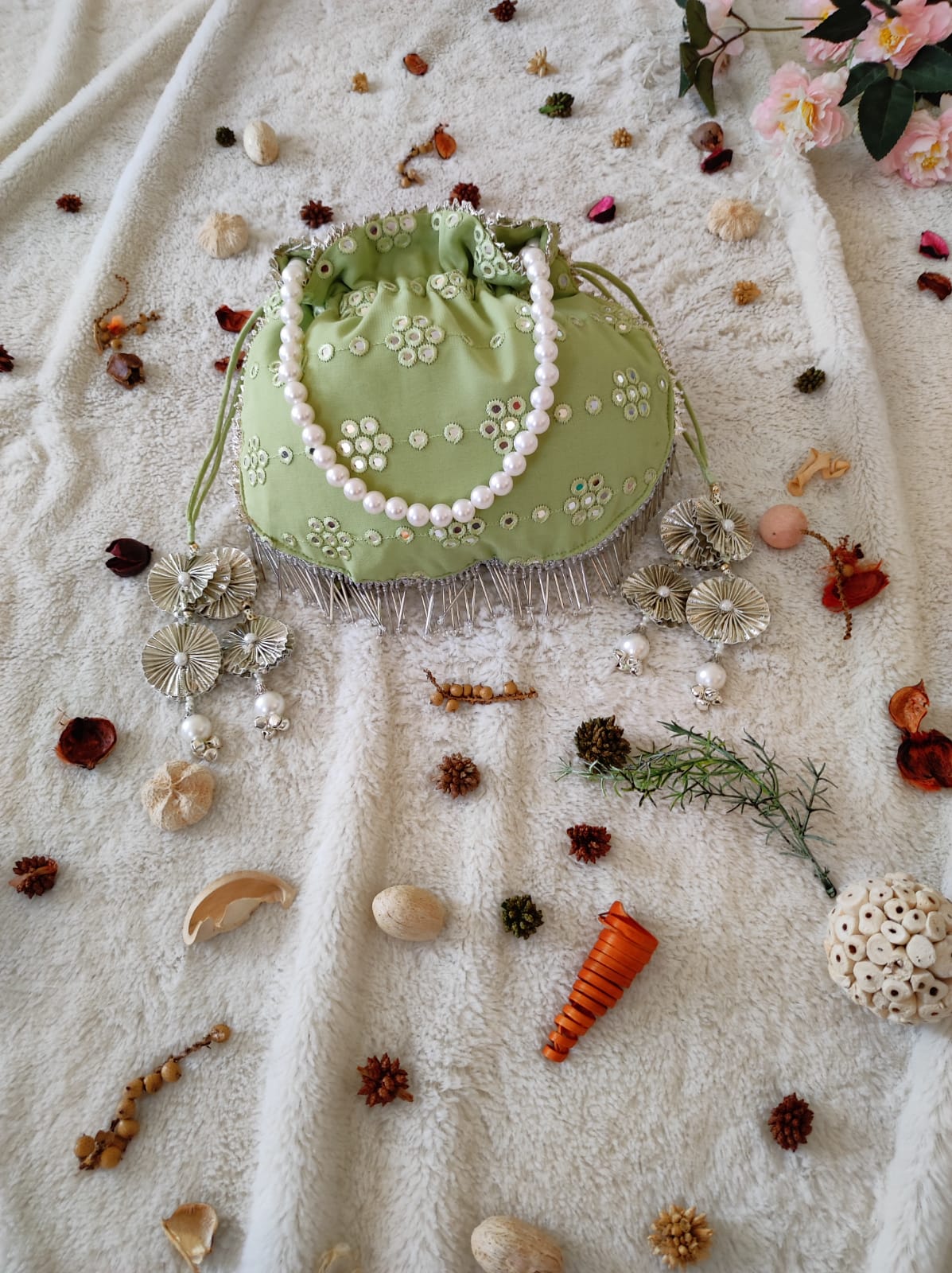 Pastel Green Mirrorwork Potli Bag