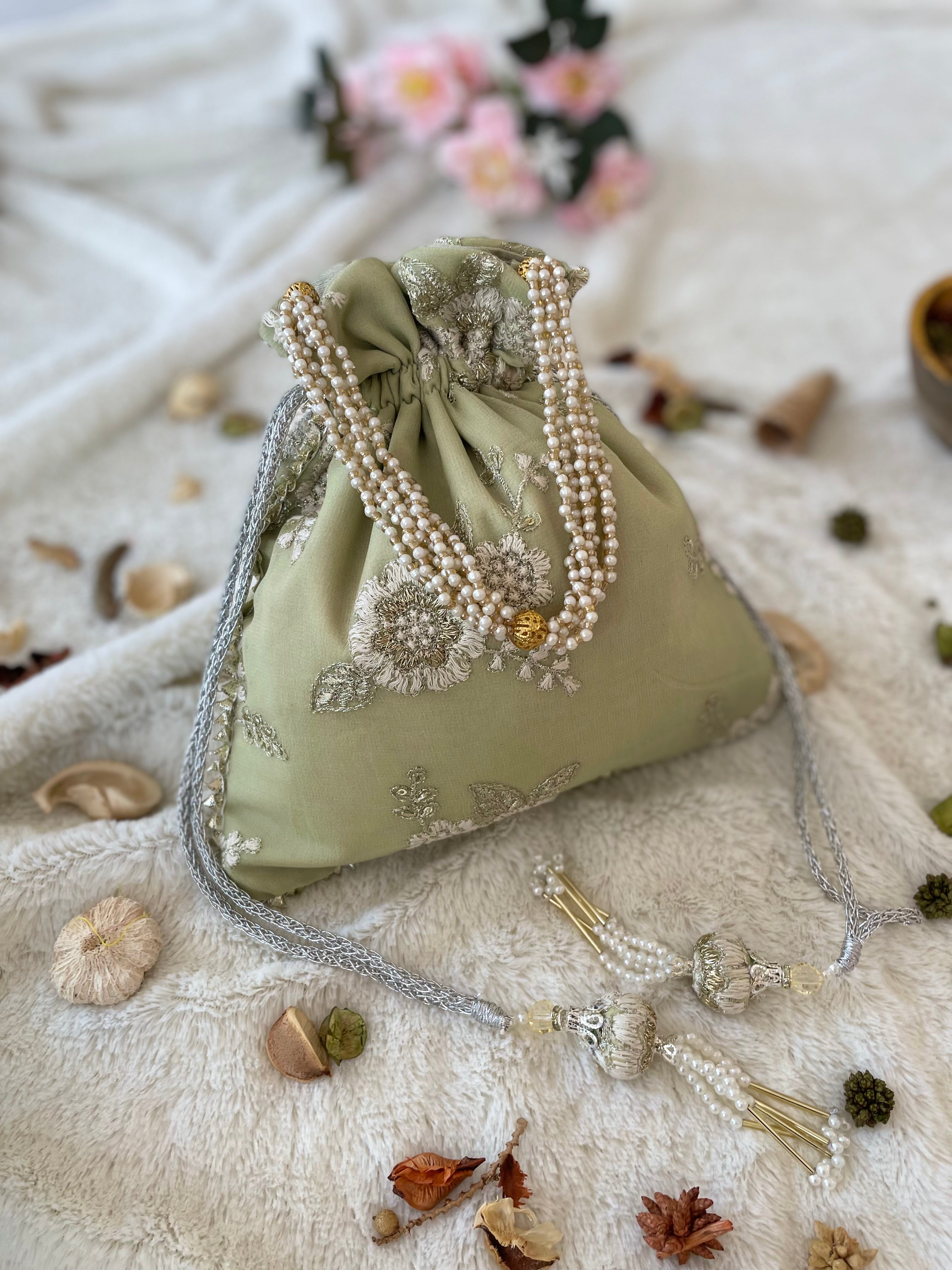 Sage Green Embroidered Potli Bag