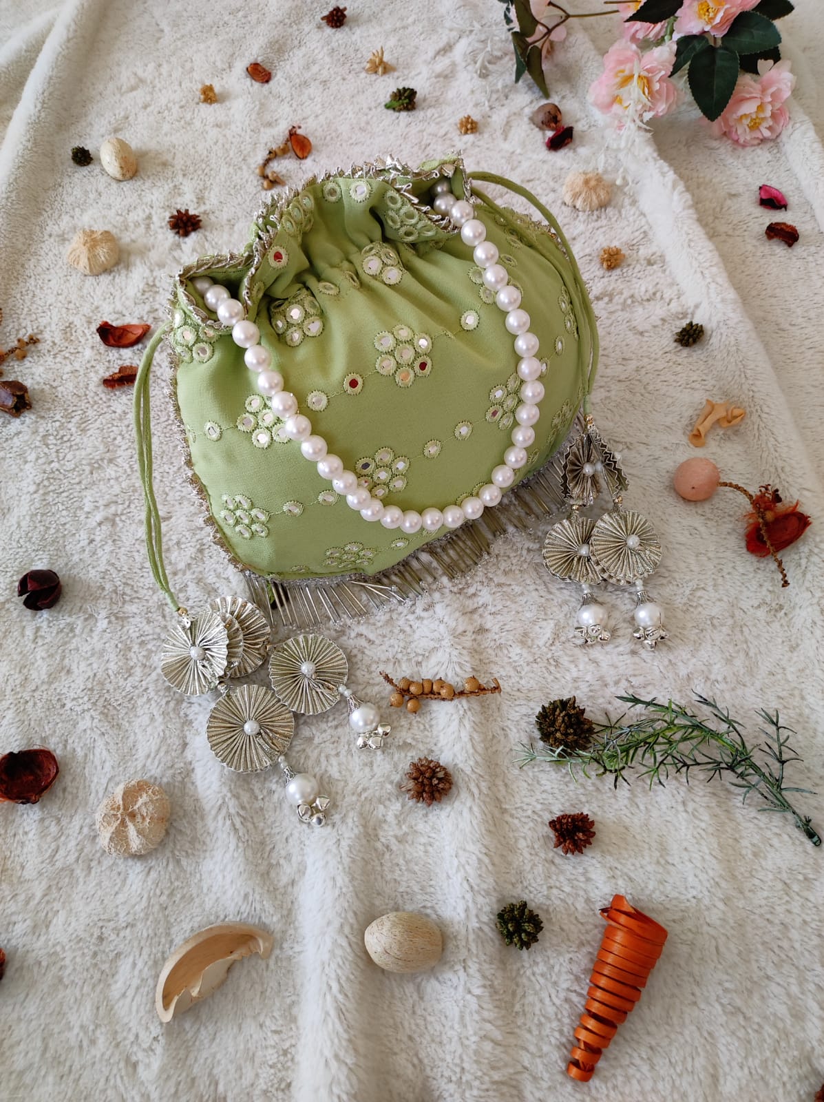 Pastel Green Mirrorwork Potli Bag