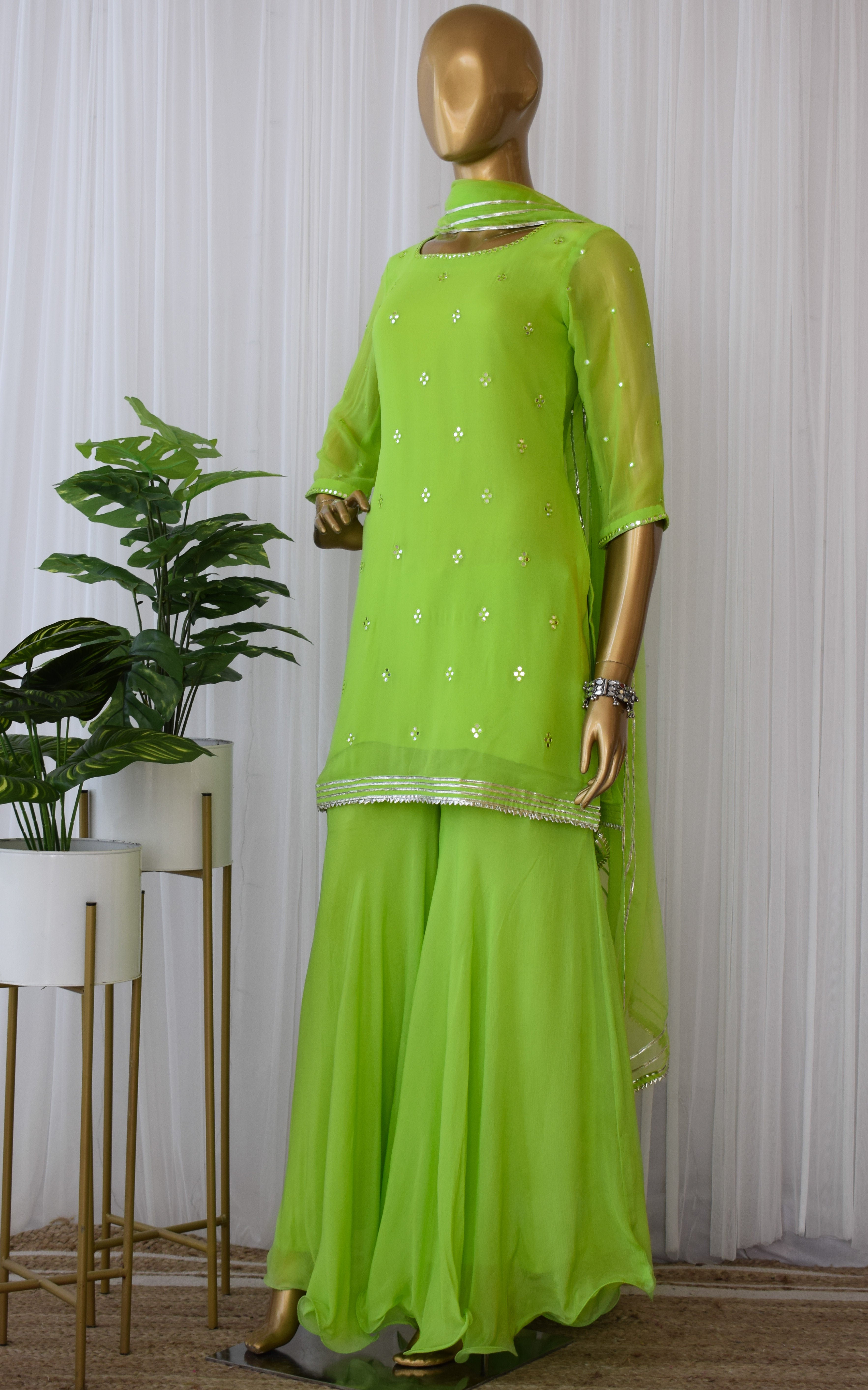 Parrot Green Mirrorwork Sharara Set