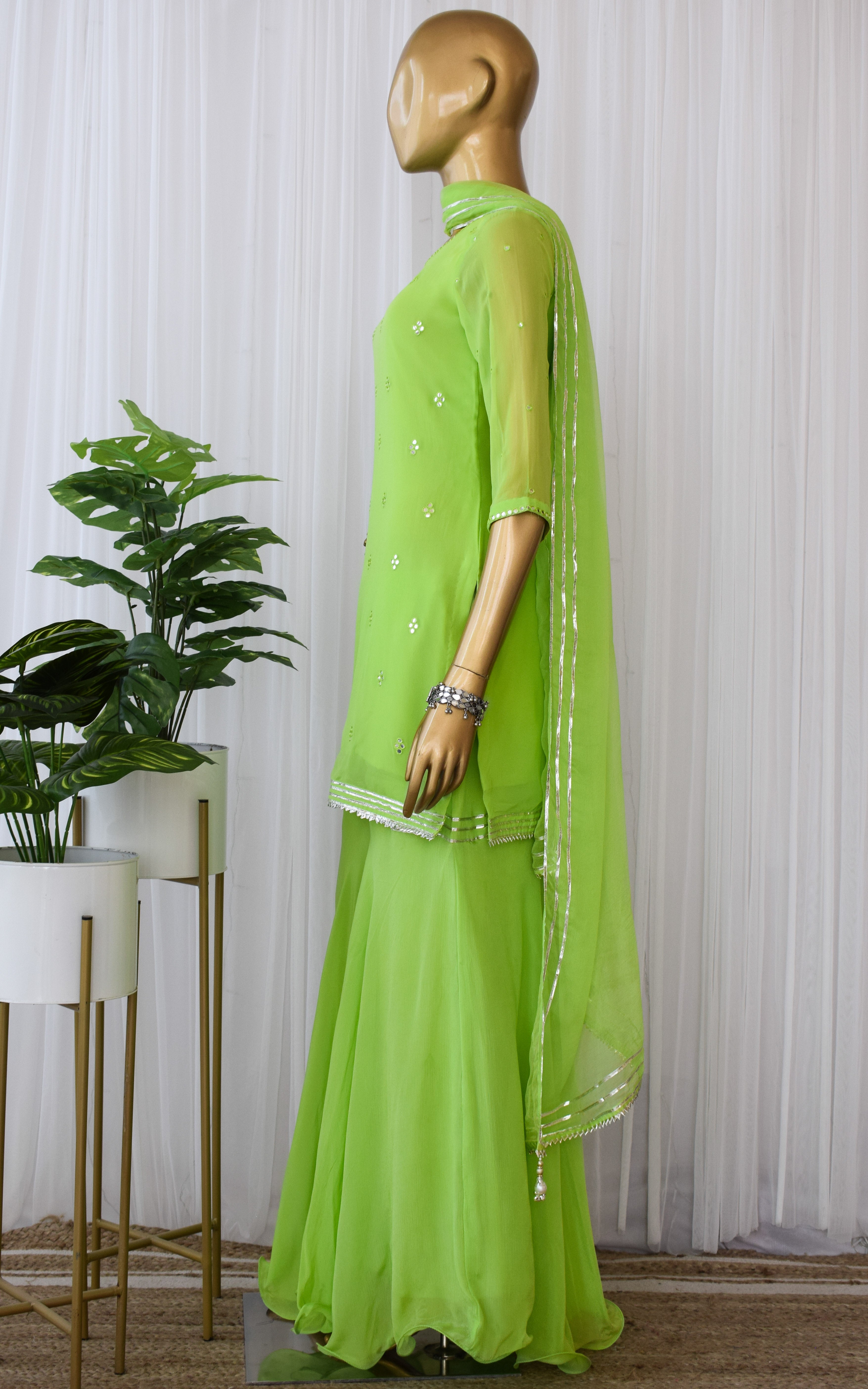 Parrot Green Mirrorwork Sharara Set