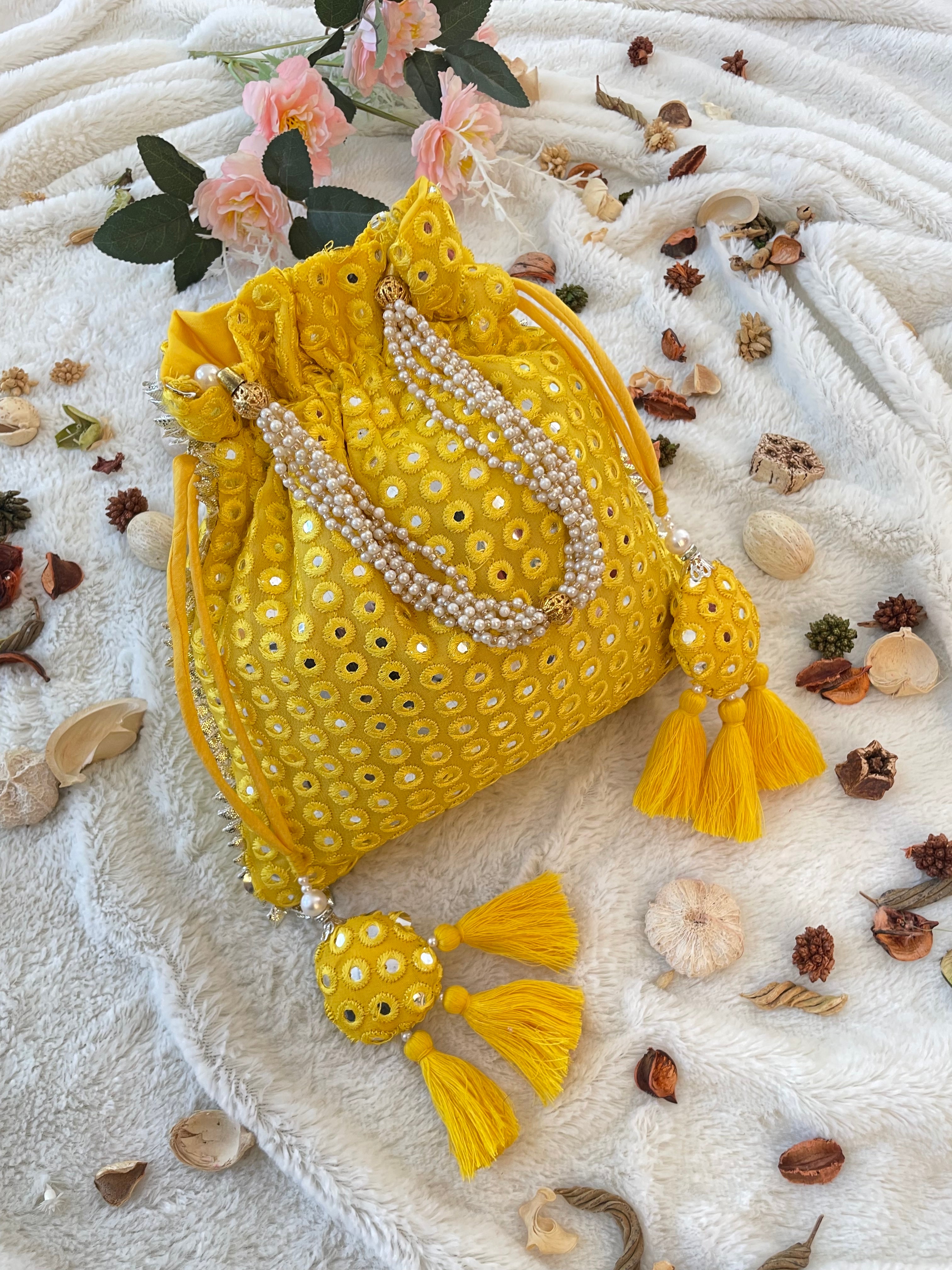 Yellow Mirrorwork Potli Bag