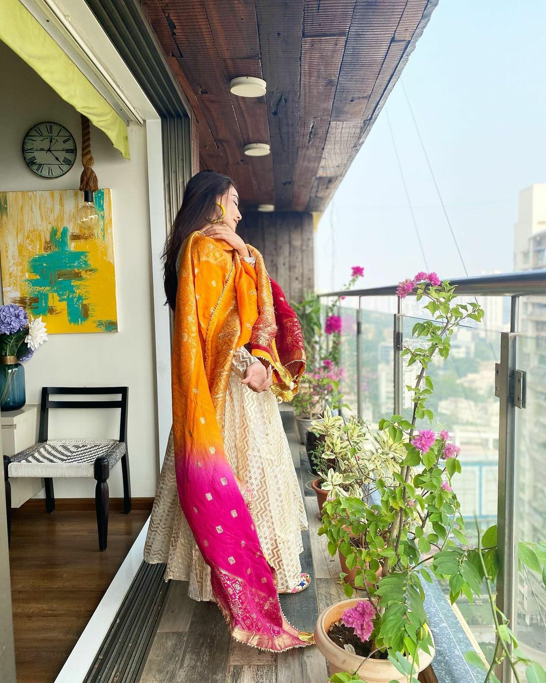 Surbhi Jyoti  Off-white Anarkali with Multicolor Banarsi Dupatta