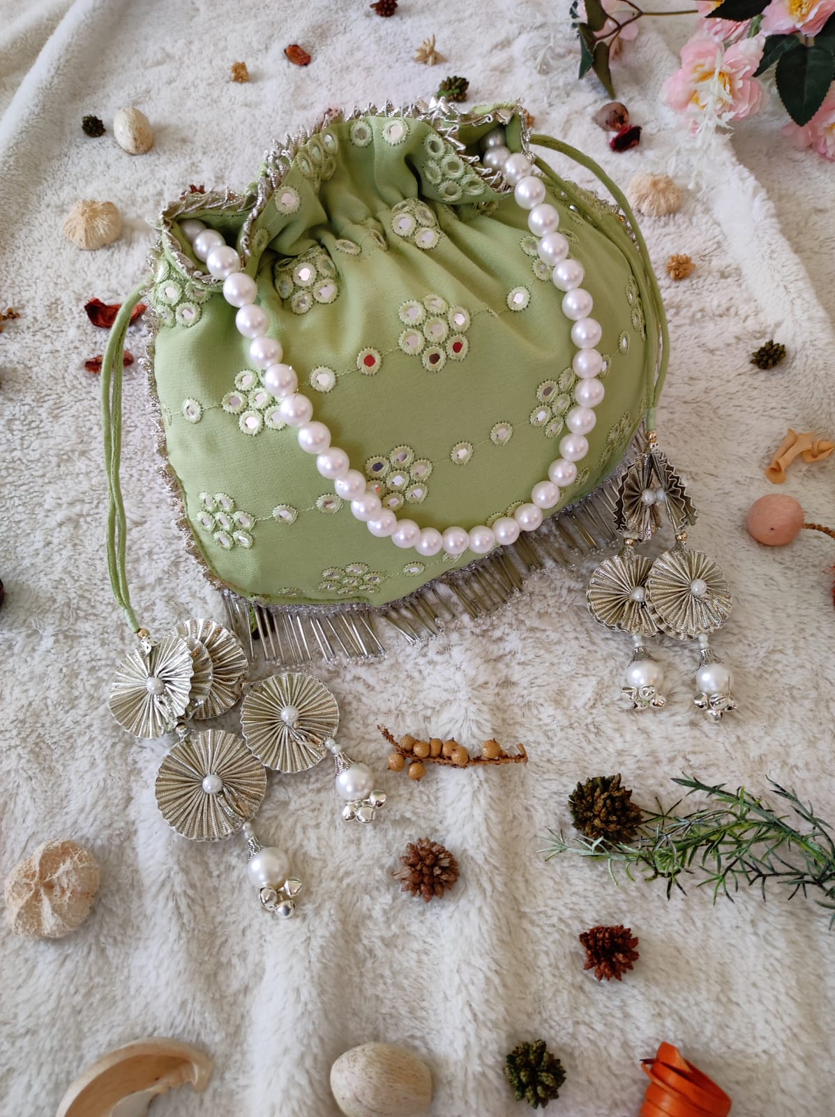 Pastel Green Mirrorwork Potli Bag