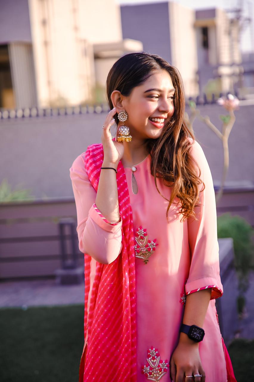 Niti Taylor Pink Handwork Kurta and Skirt Set with Leheriya Dupatta