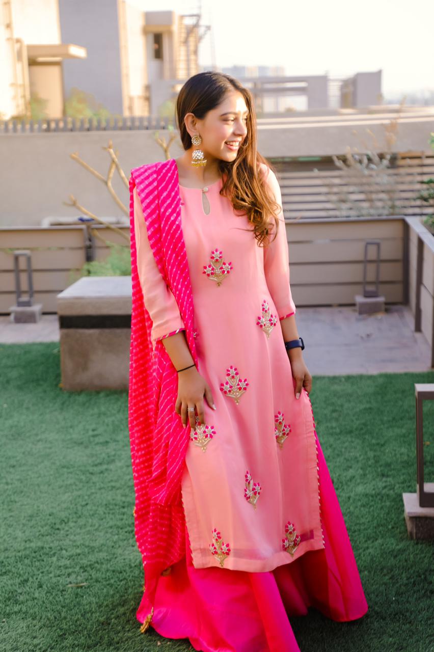 Niti Taylor Pink Handwork Kurta and Skirt Set with Leheriya Dupatta