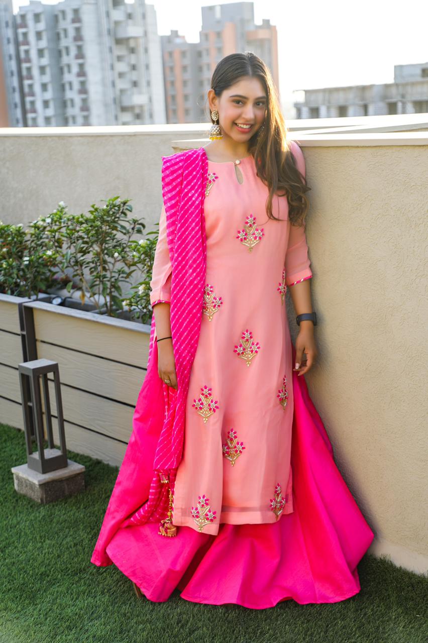 Niti Taylor Pink Handwork Kurta and Skirt Set with Leheriya Dupatta