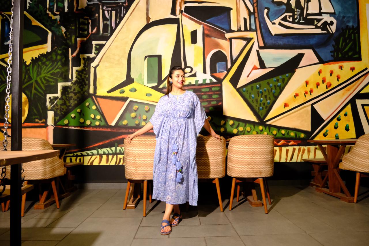 Divyanka Tripathi Indigo Block Print Cotton Kaftan Dress