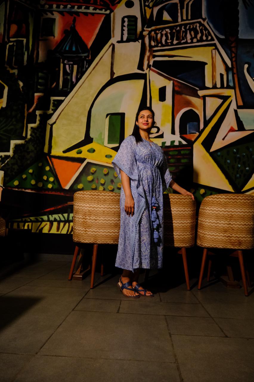 Divyanka Tripathi Indigo Block Print Cotton Kaftan Dress