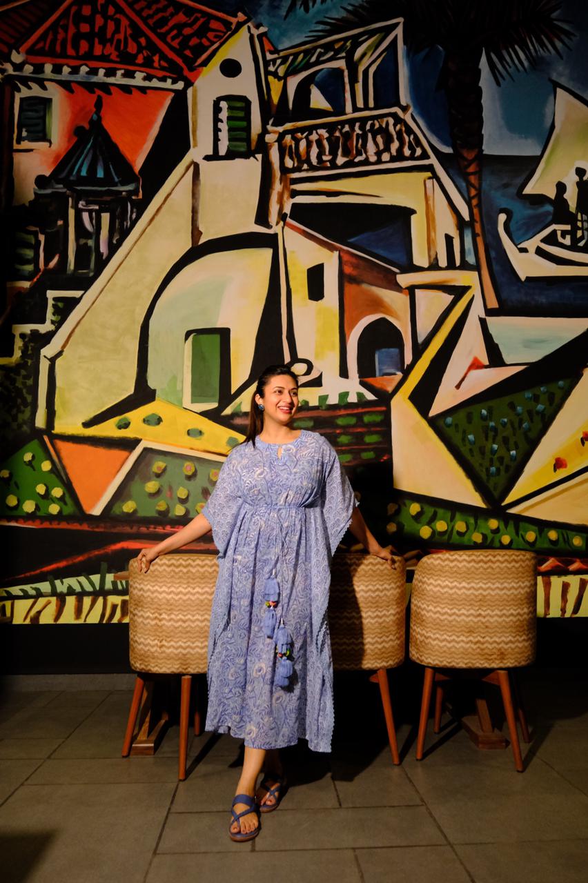 Divyanka Tripathi Indigo Block Print Cotton Kaftan Dress
