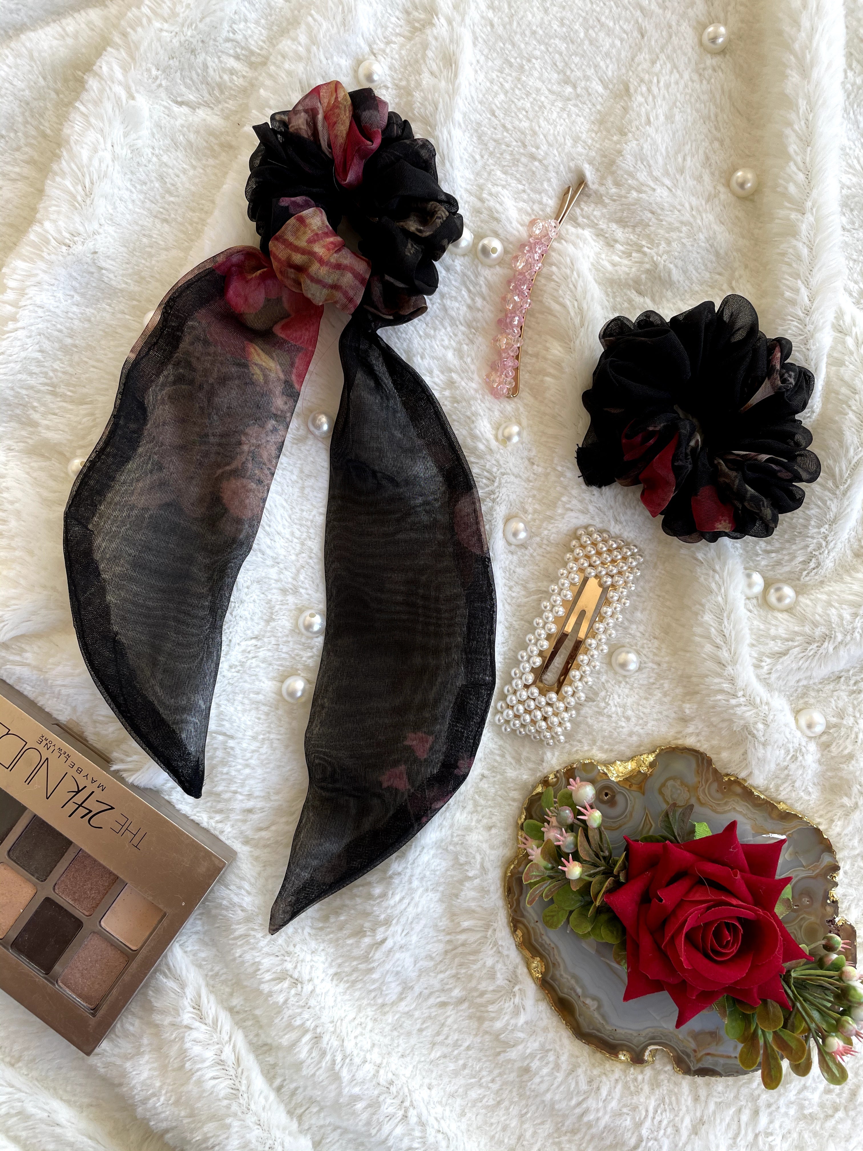 Organza Scrunchie and Scarf Scrunchie Combo (Black)
