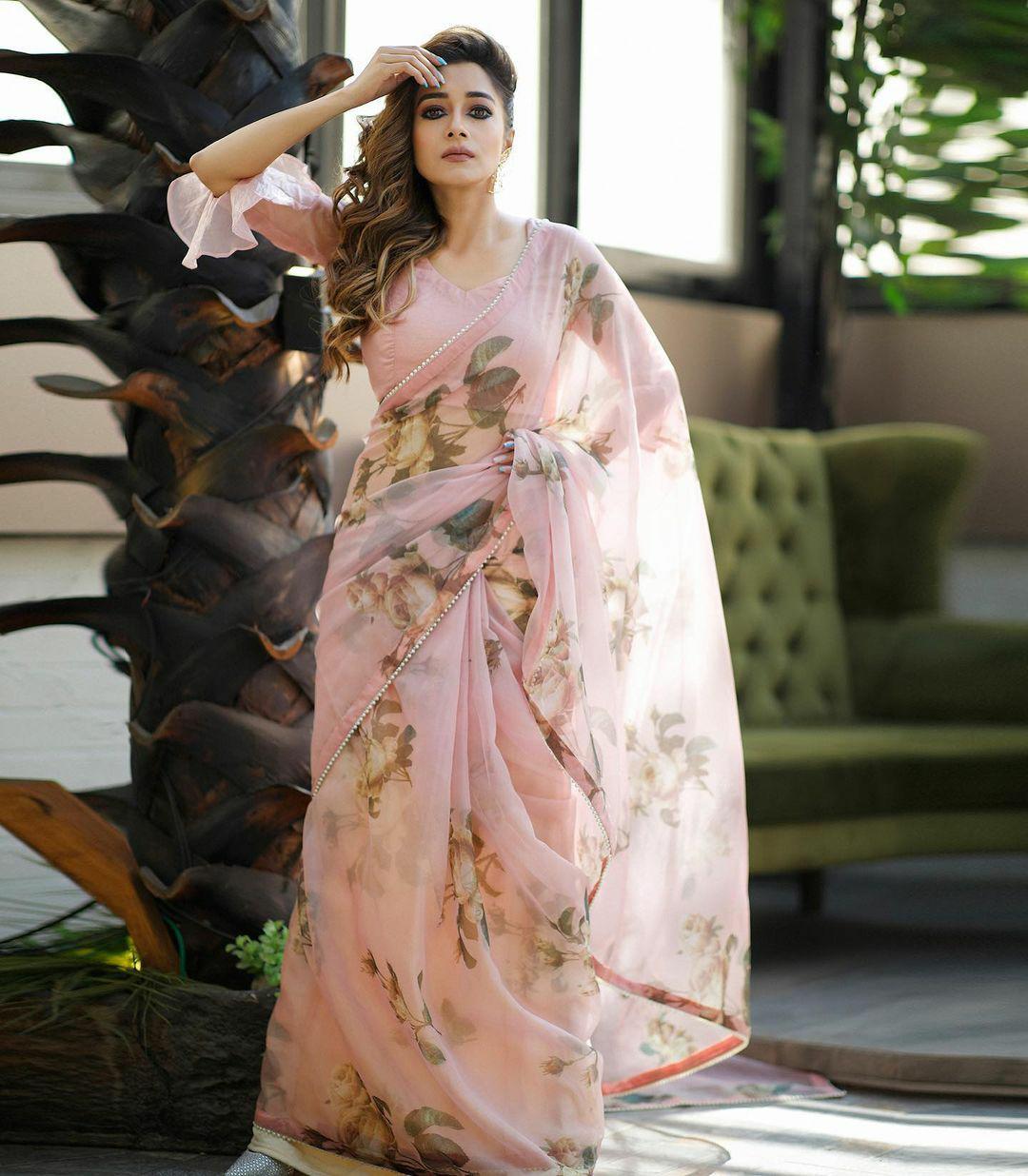 Mugdha Chaphekar Peach Floral Organza Saree