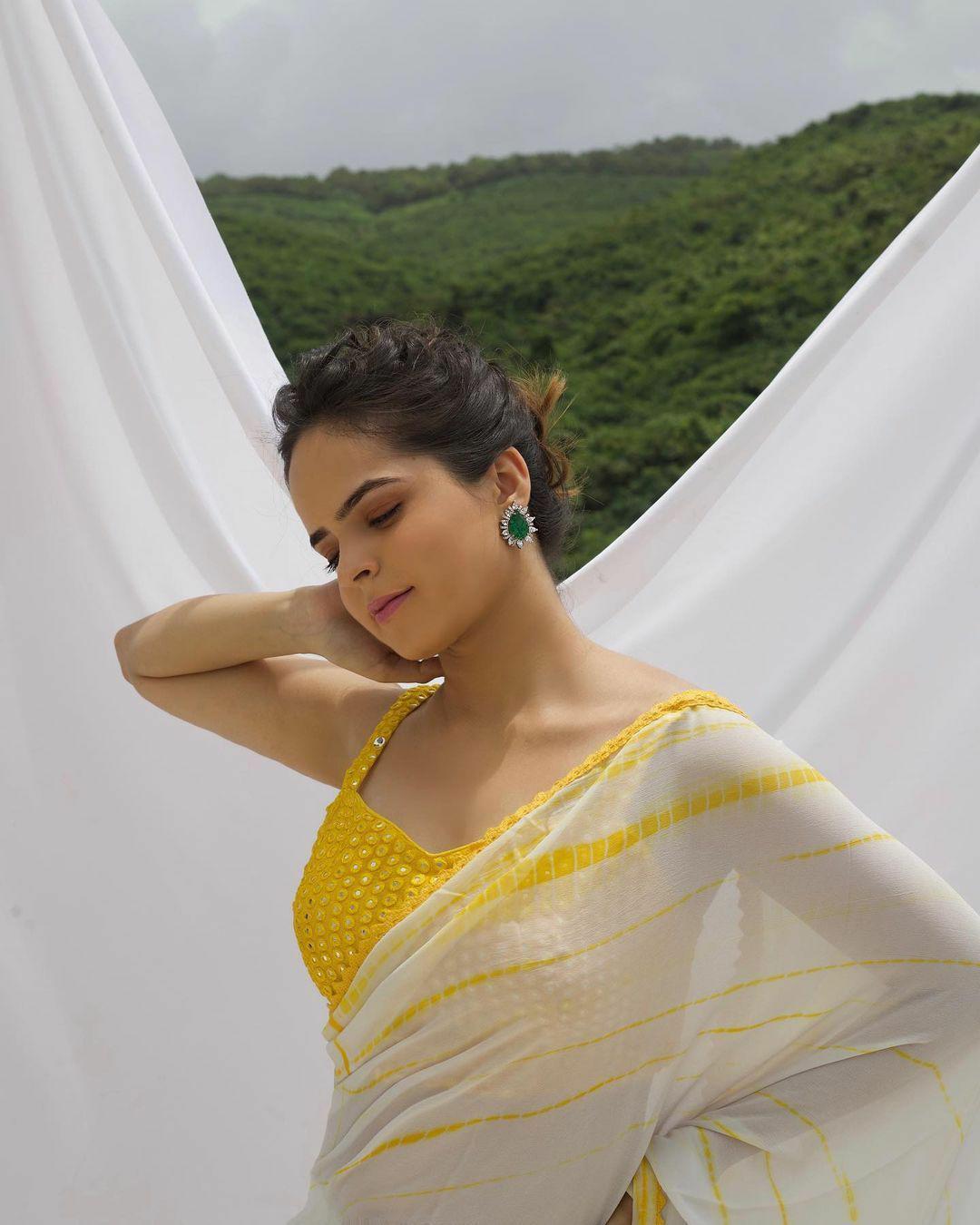 Palak Sindhwani Yellow Shibori Georgette Saree with Mirrorwork Blouse